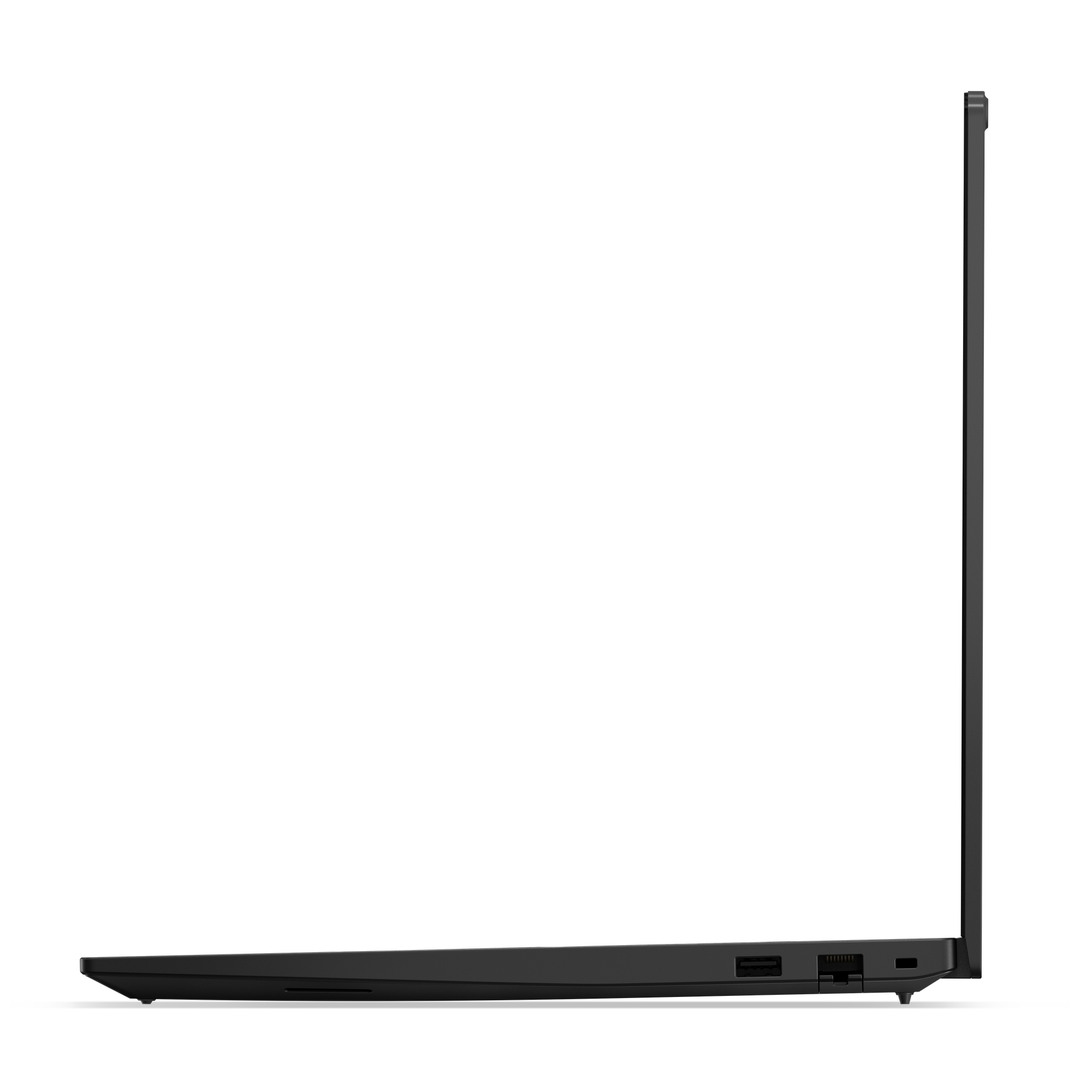 Laptop nero di profilo che mostra porte USB e fessure di ventilazione.