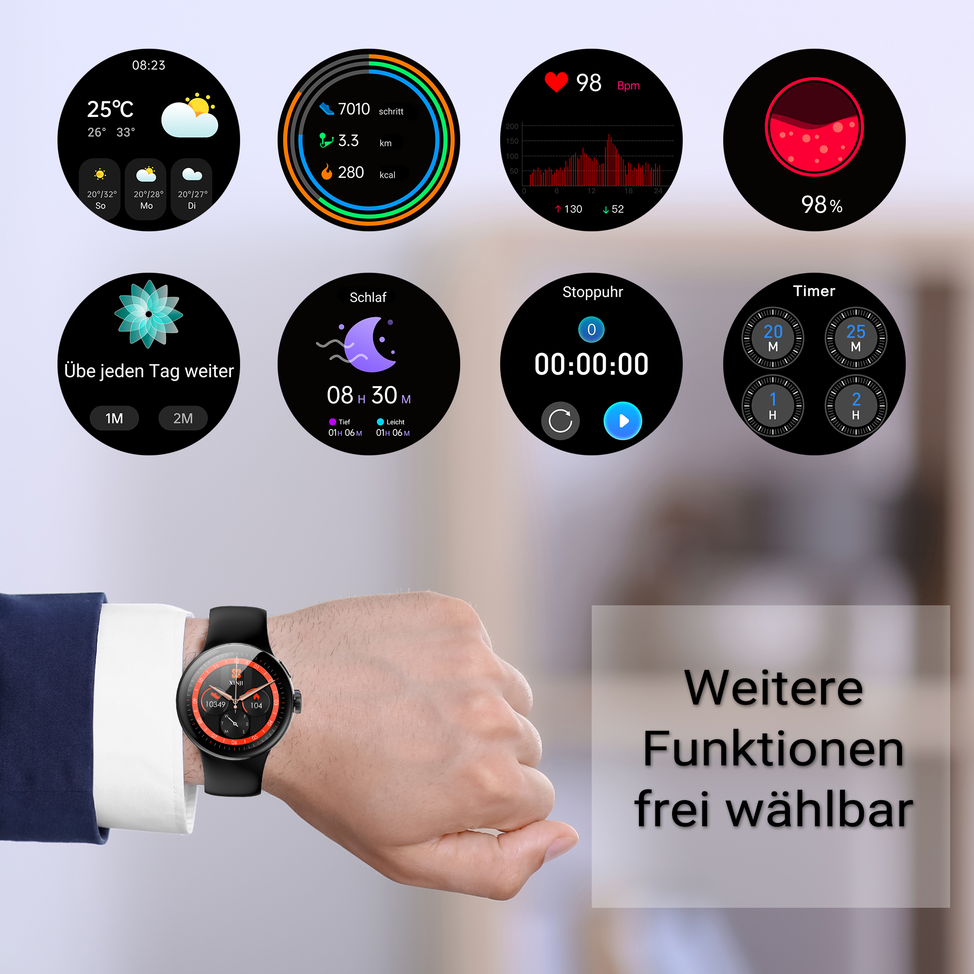 Eine Smartwatch zeigt Wetter, Schritte, Herzfrequenz, Schlaf und mehr an.