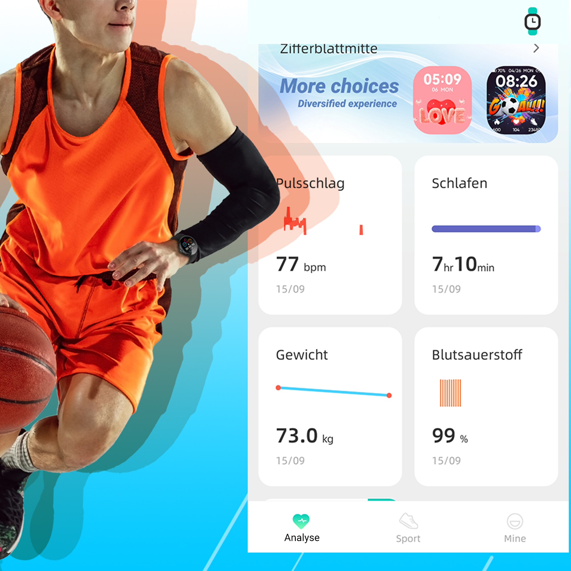 Basketballspieler mit Smartwatch zeigt Gesundheitsdaten: Herzschlag, Schlaf, Gewicht, Blutsauerstoff.