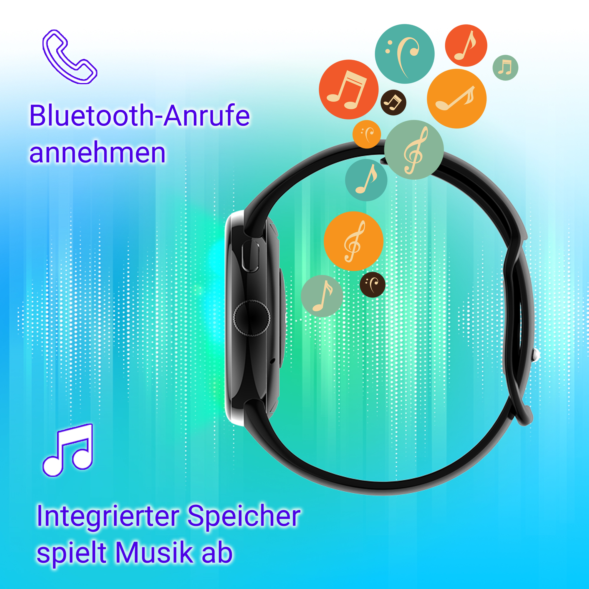 Smartwatch mit Musiknoten und Telefon-Symbol. Bluetooth-Anrufe empfangen.