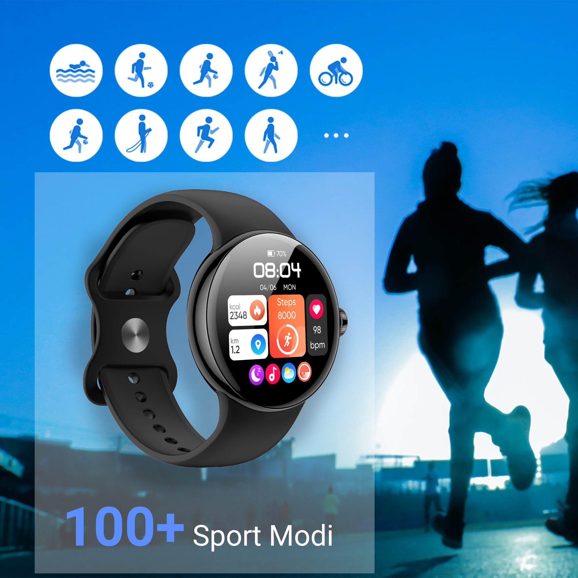 Sportuhr mit Sportmodi-Symbolen, Läufern und Text.