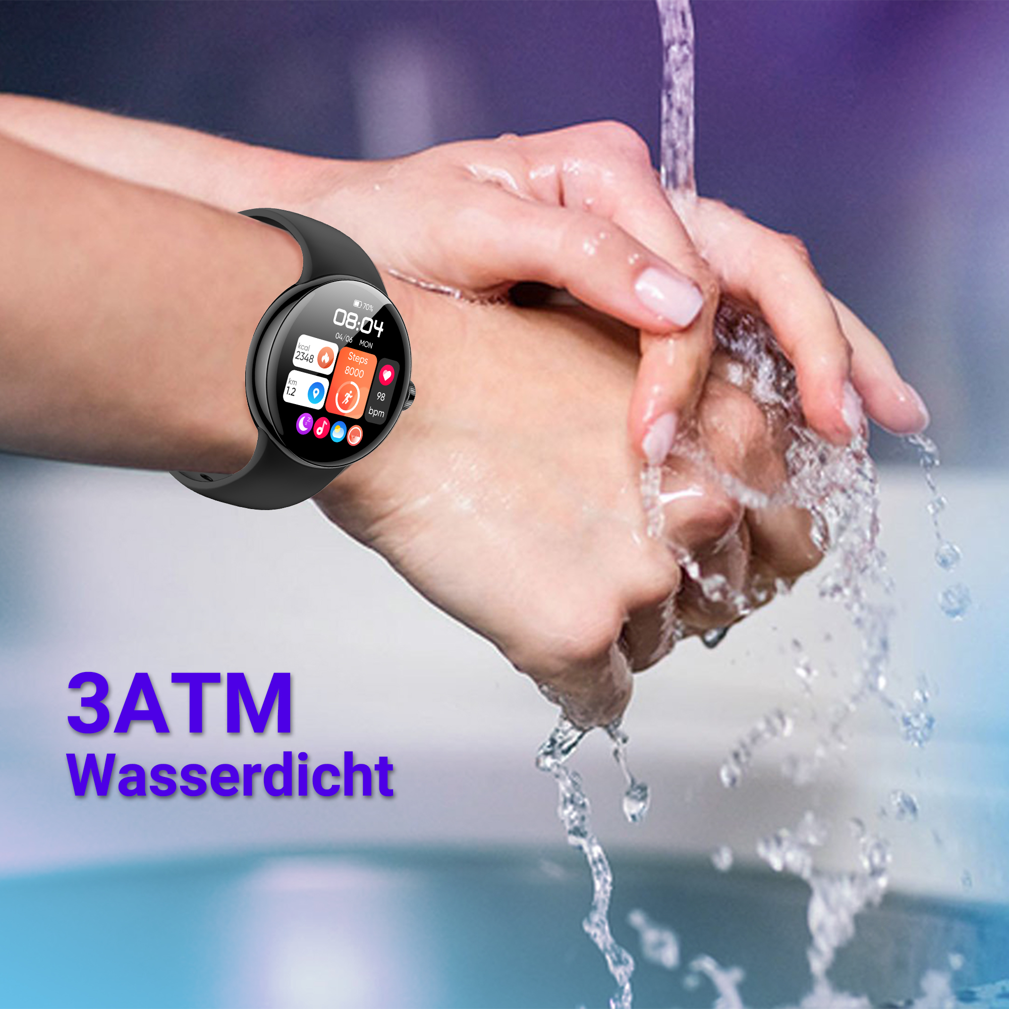 Eine Person wäscht die Hände unter fließendem Wasser mit einer Smartwatch.