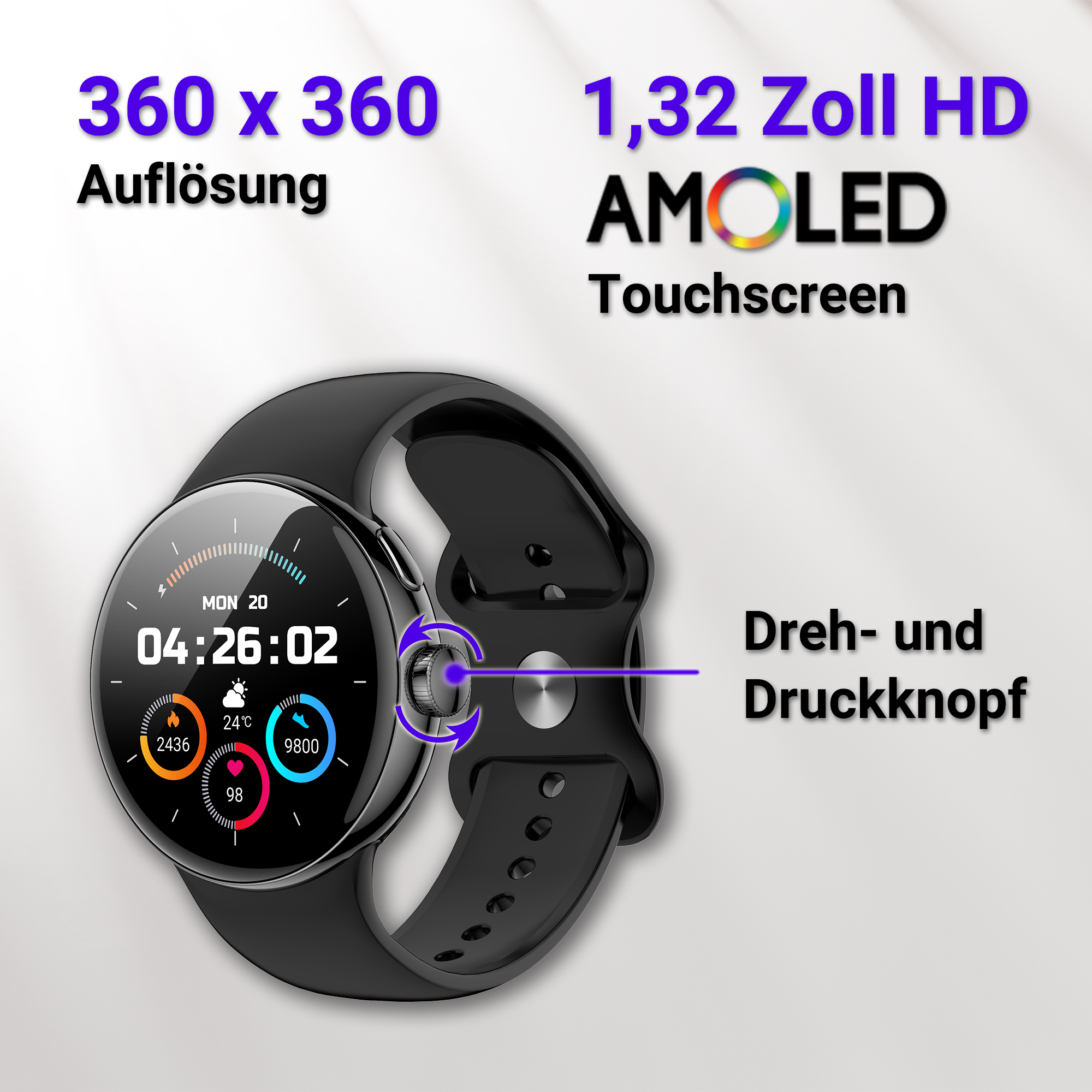 Schwarze Smartwatch mit Zifferblatt-Anzeige, Drehknopf und Text zu Auflösung & Display.