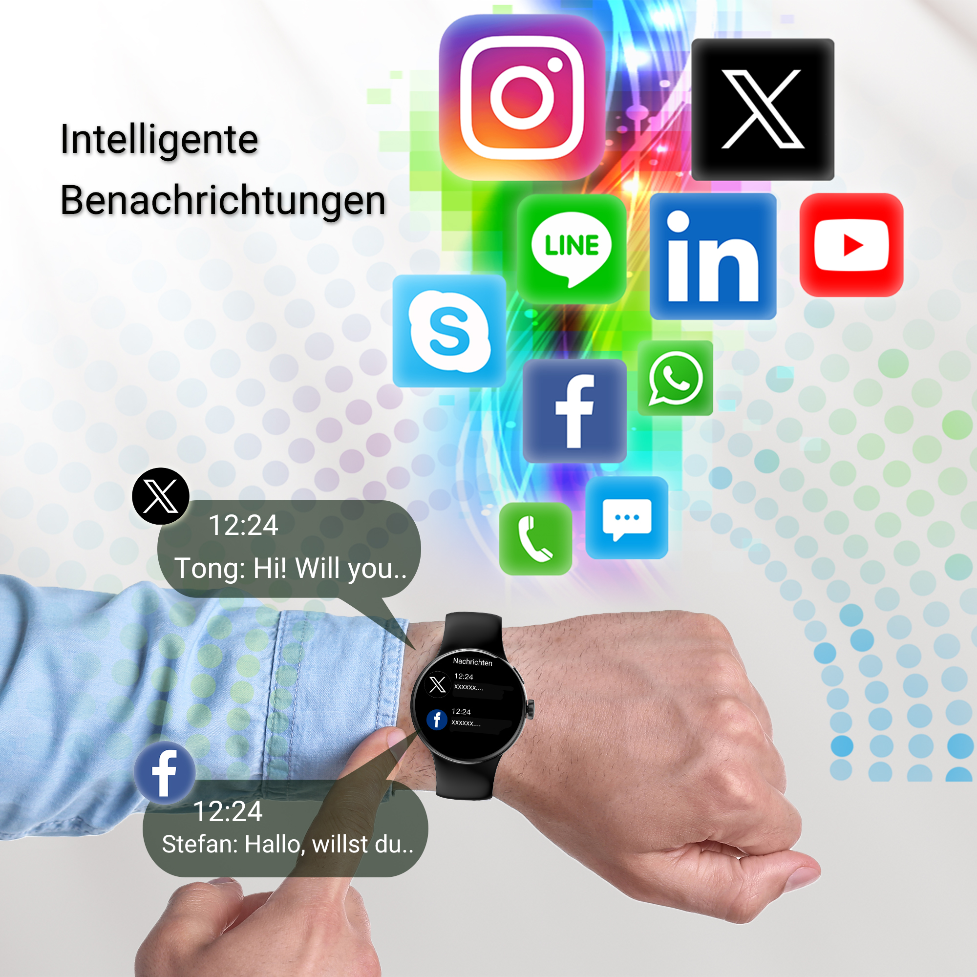 Smart notifications with app icons and messages on a smartwatch.