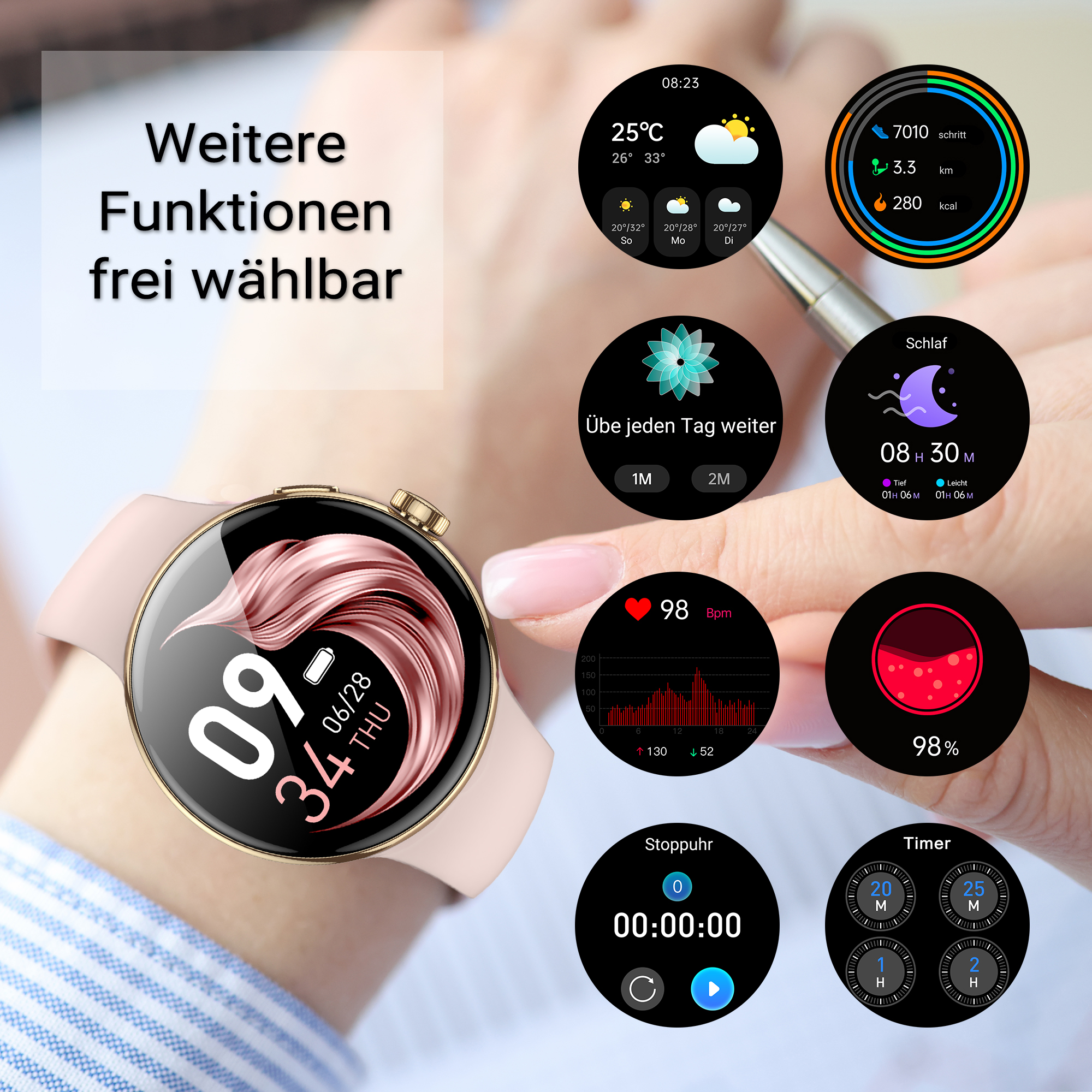 Eine Frau trägt eine rosafarbene Smartwatch mit vielen Funktionen wie Wetter, Herzfrequenz und Schlaf.