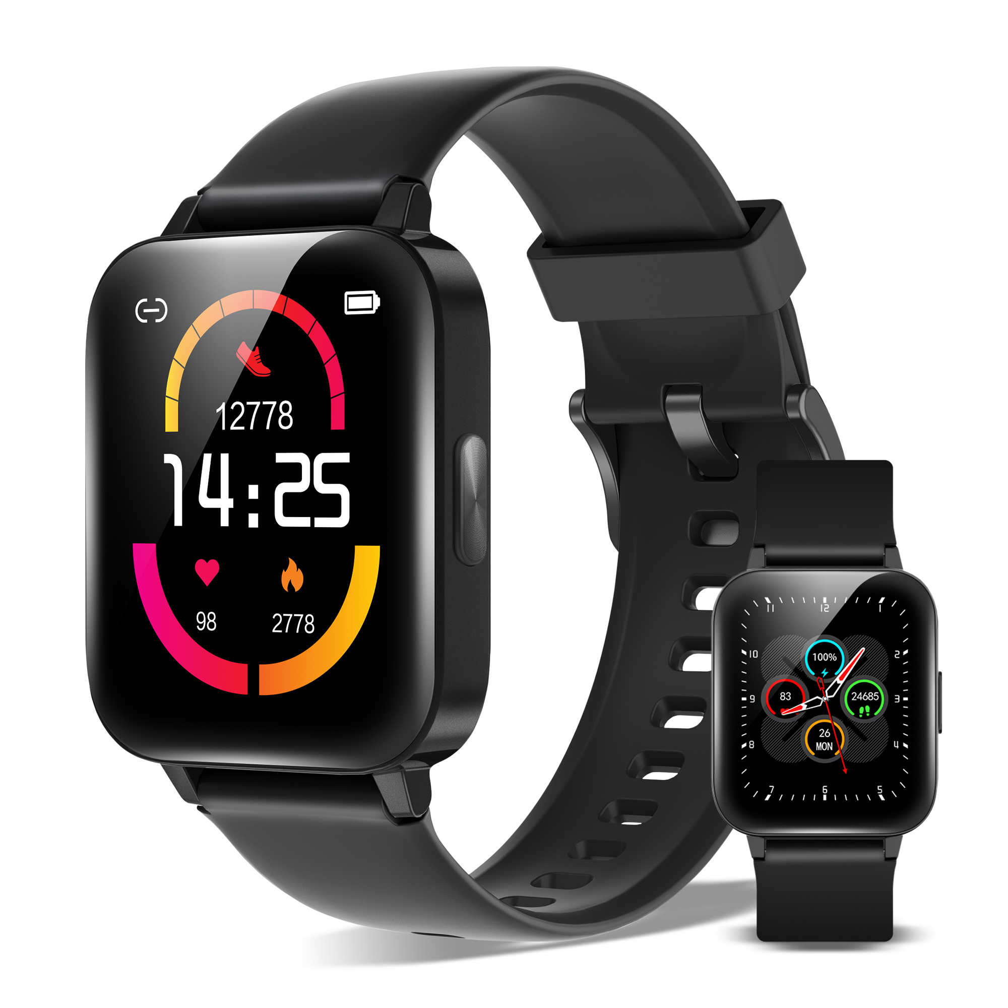 Zwei schwarze Smartwatches auf weißem Hintergrund, eine größer.
