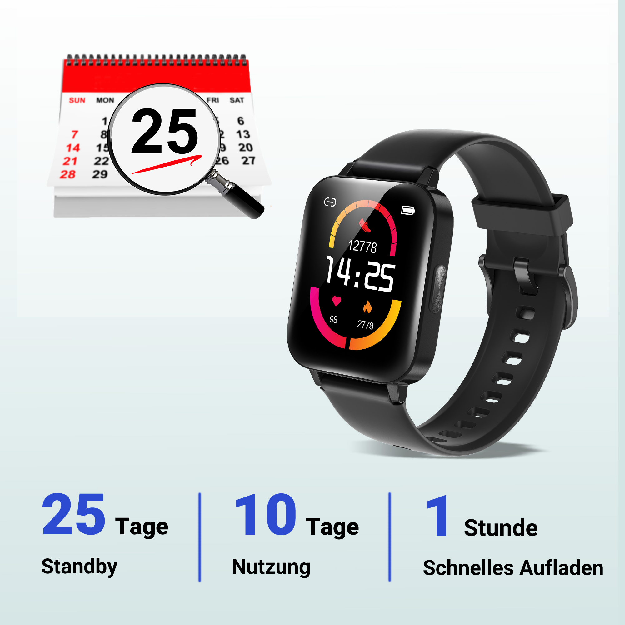 Ein Kalenderblatt markiert den 25. Tag. Eine Smartwatch zeigt 14:25 und Gesundheitsdaten an.