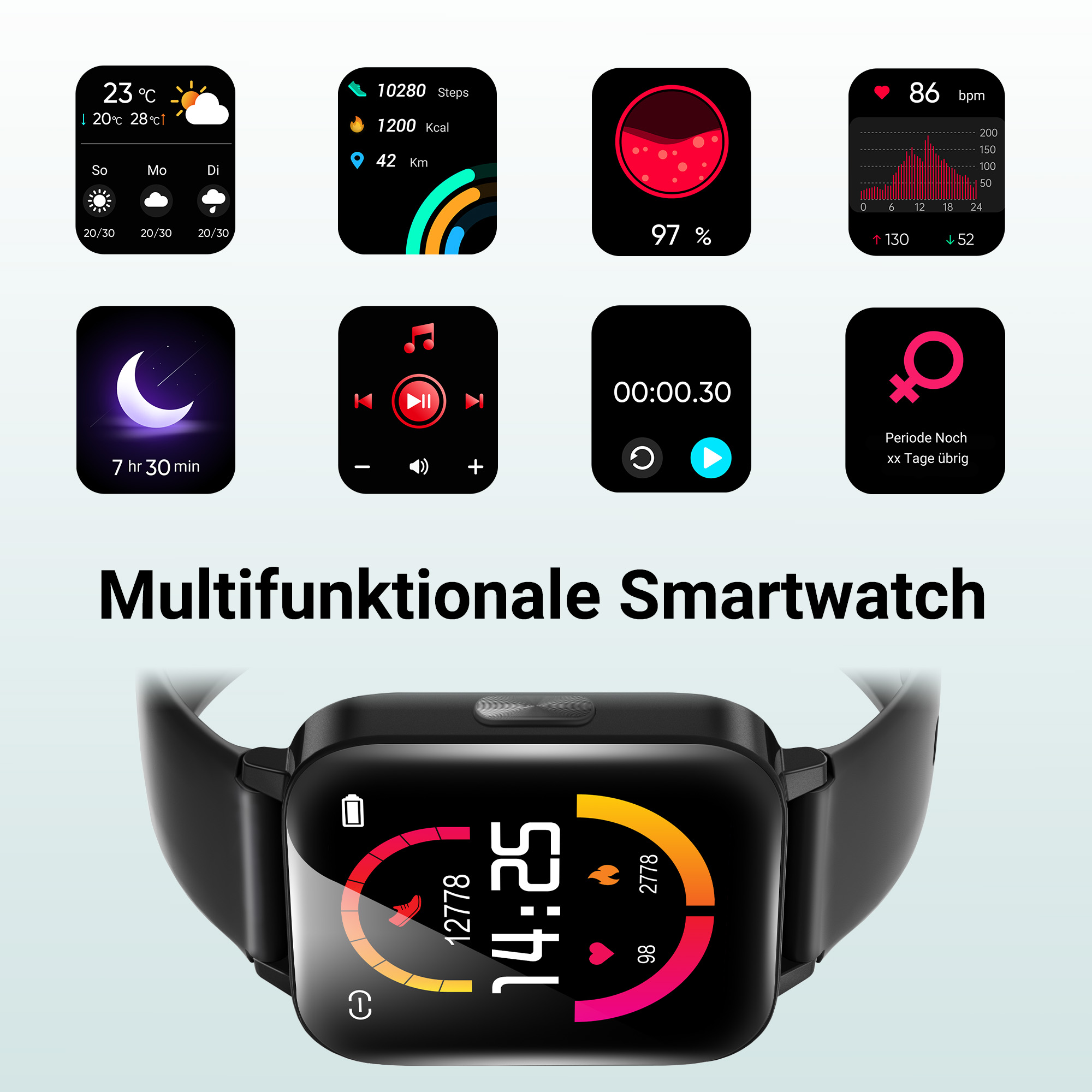 Multifunktionale Smartwatch mit Wetter, Schritten, Kalorien, Distanz, Schlaf, Musik, Timer, Periode und Herzfrequenz.