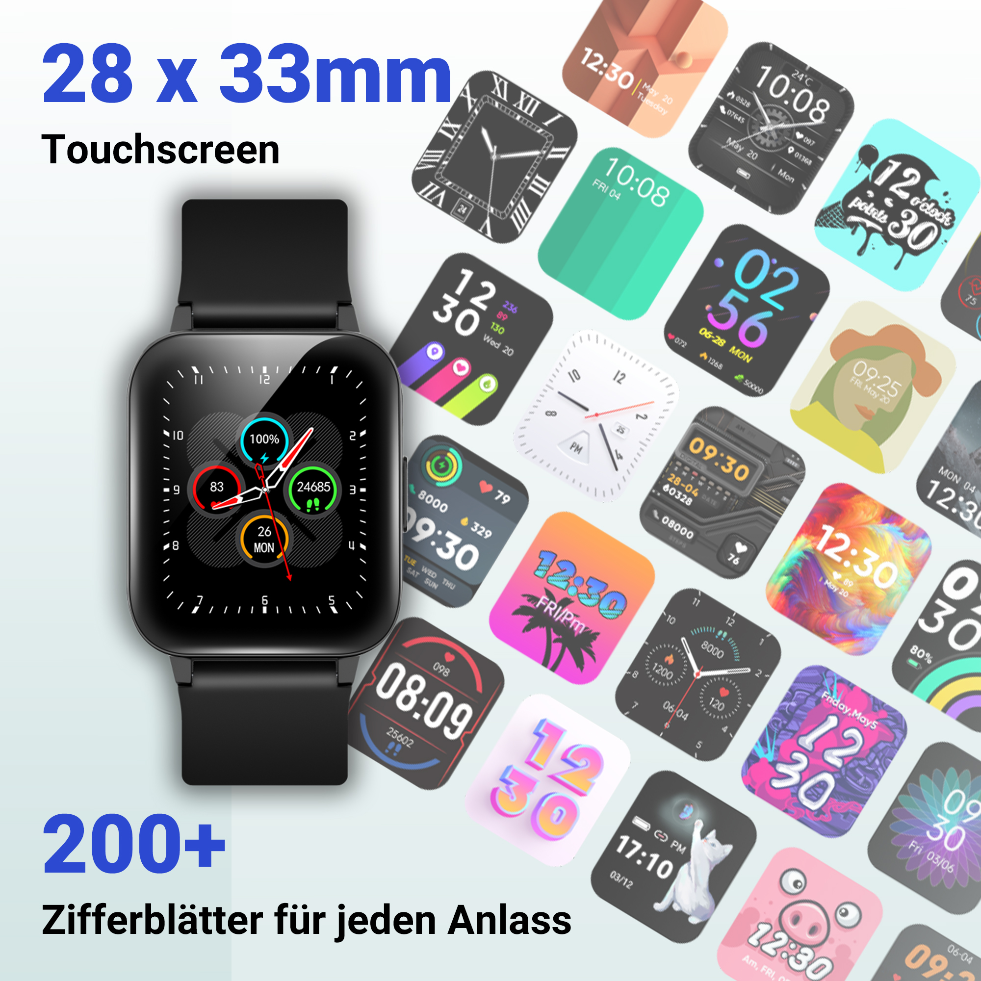 Smartwatch mit vielen Zifferblättern und Text.