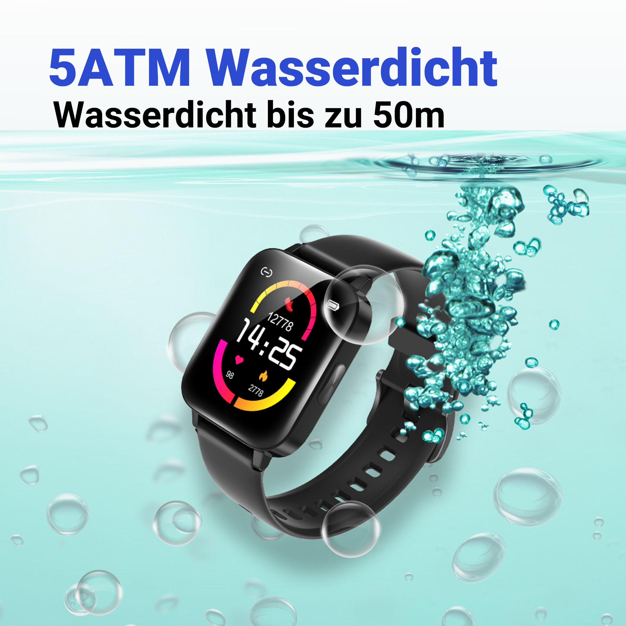 Schwarze Smartwatch mit buntem Display unter Wasser, Blasen steigen auf.