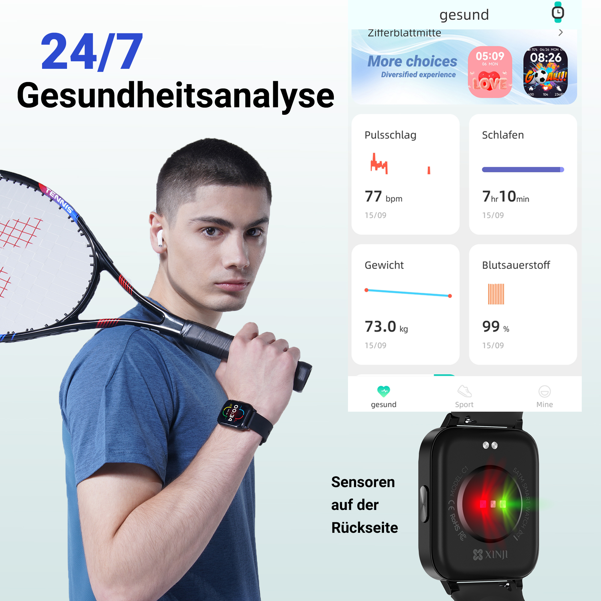 Ein Mann mit einem Tennisschläger und einer Smartwatch, die Gesundheitsdaten anzeigt.