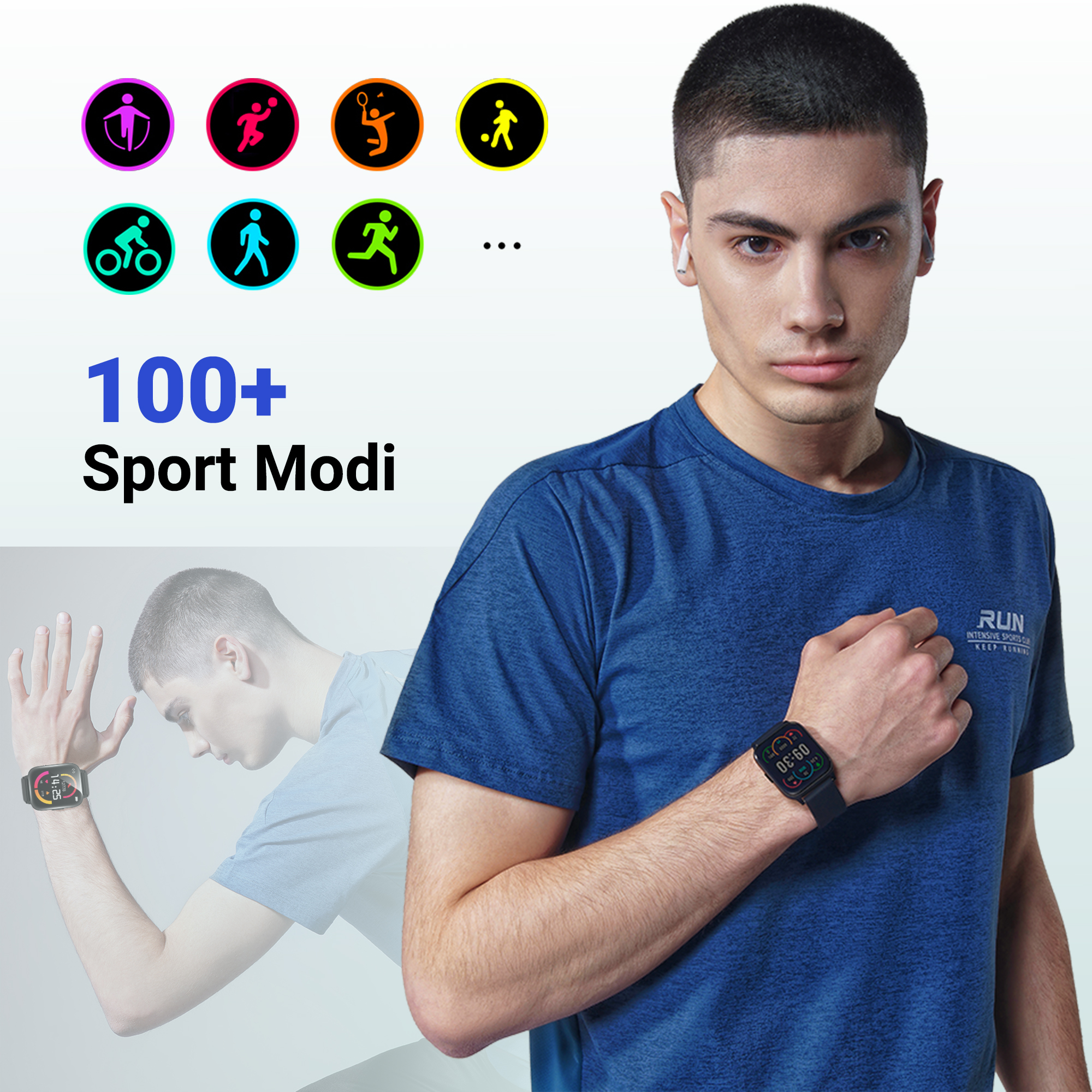 Mann im blauen Hemd mit Smartwatch, umgeben von Sportsymbolen und Text '100+ Sport Modi'.