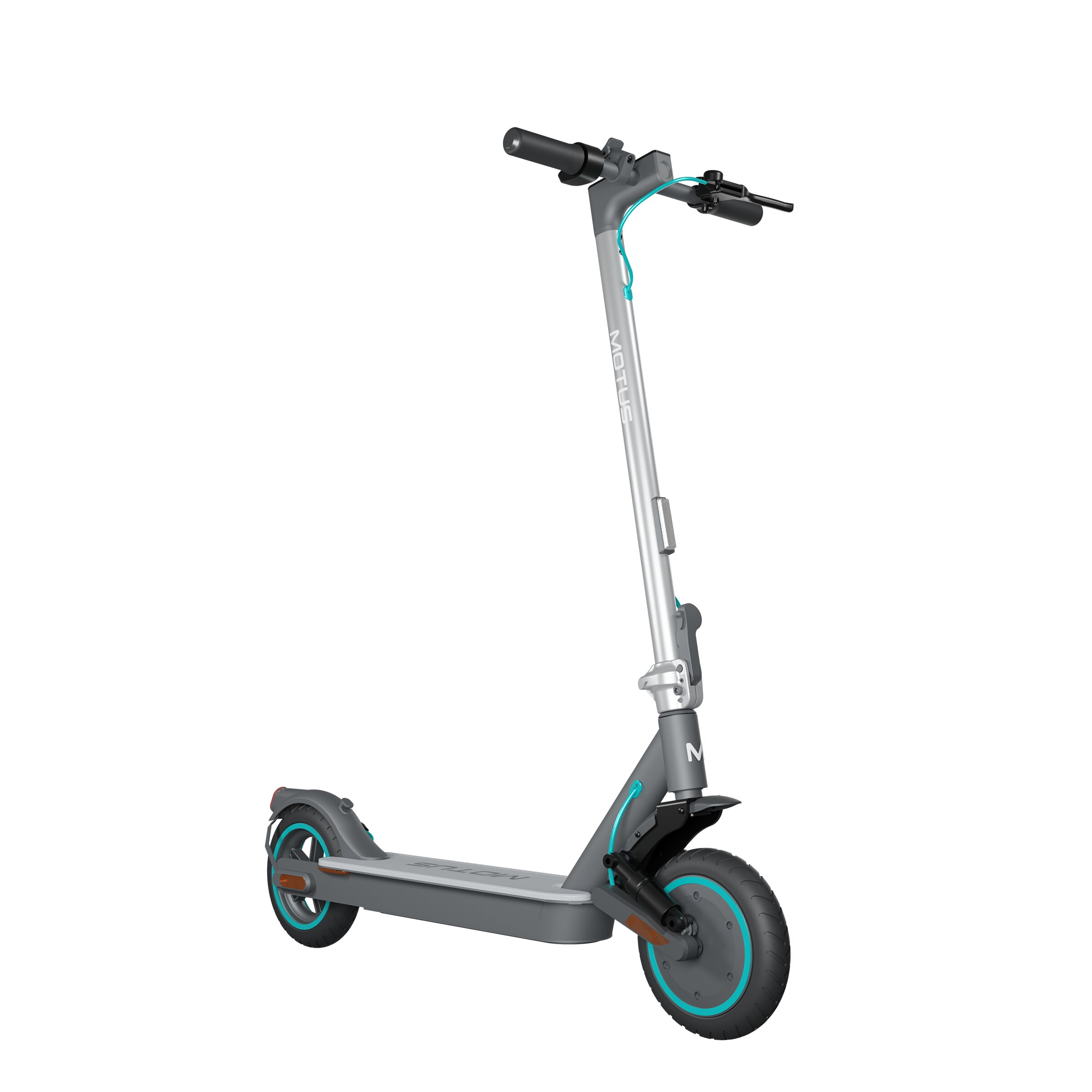 Grauer Elektroroller mit blauen Akzenten auf den Rädern und silbernem Lenker.