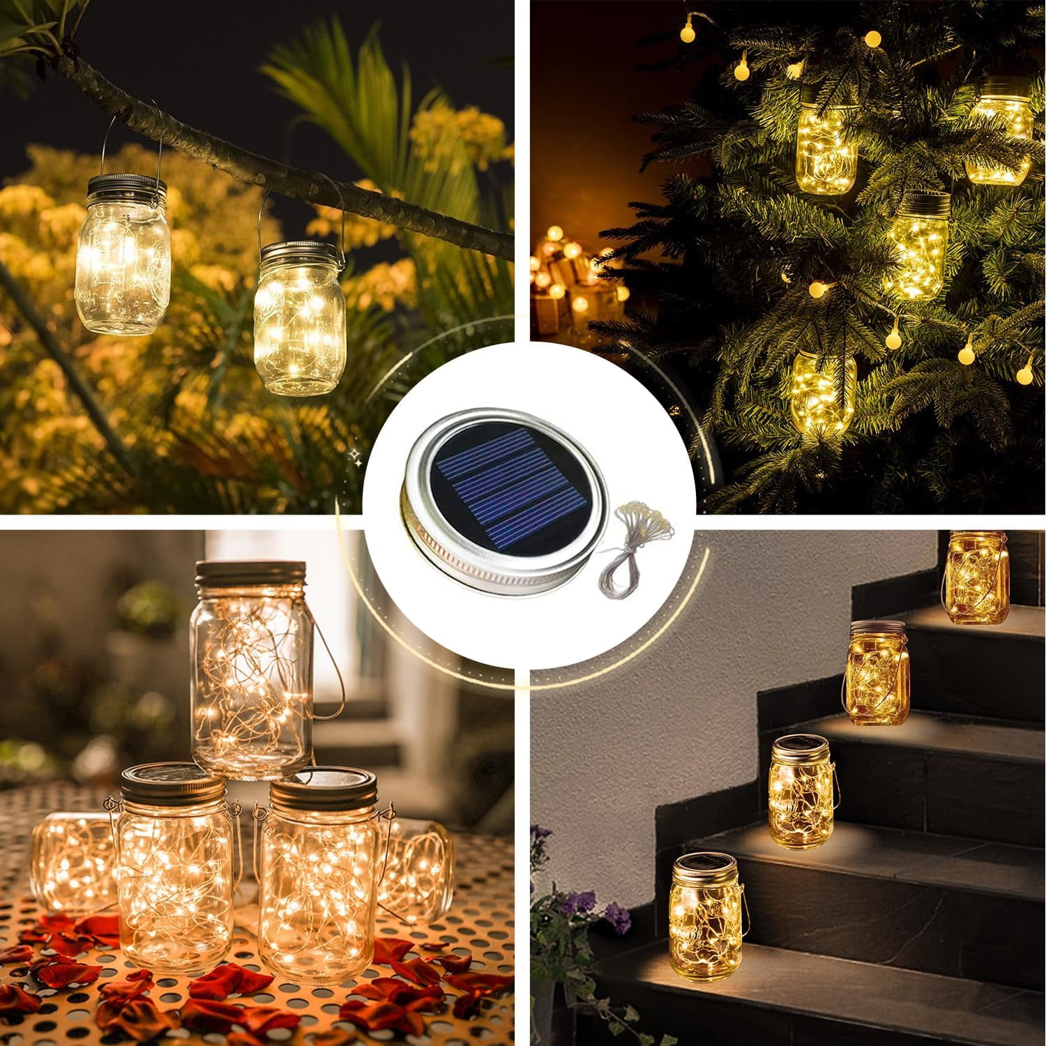 Einmachgläser mit Lichterketten beleuchten Bäume, Treppen und einen Tisch mit Blütenblättern.