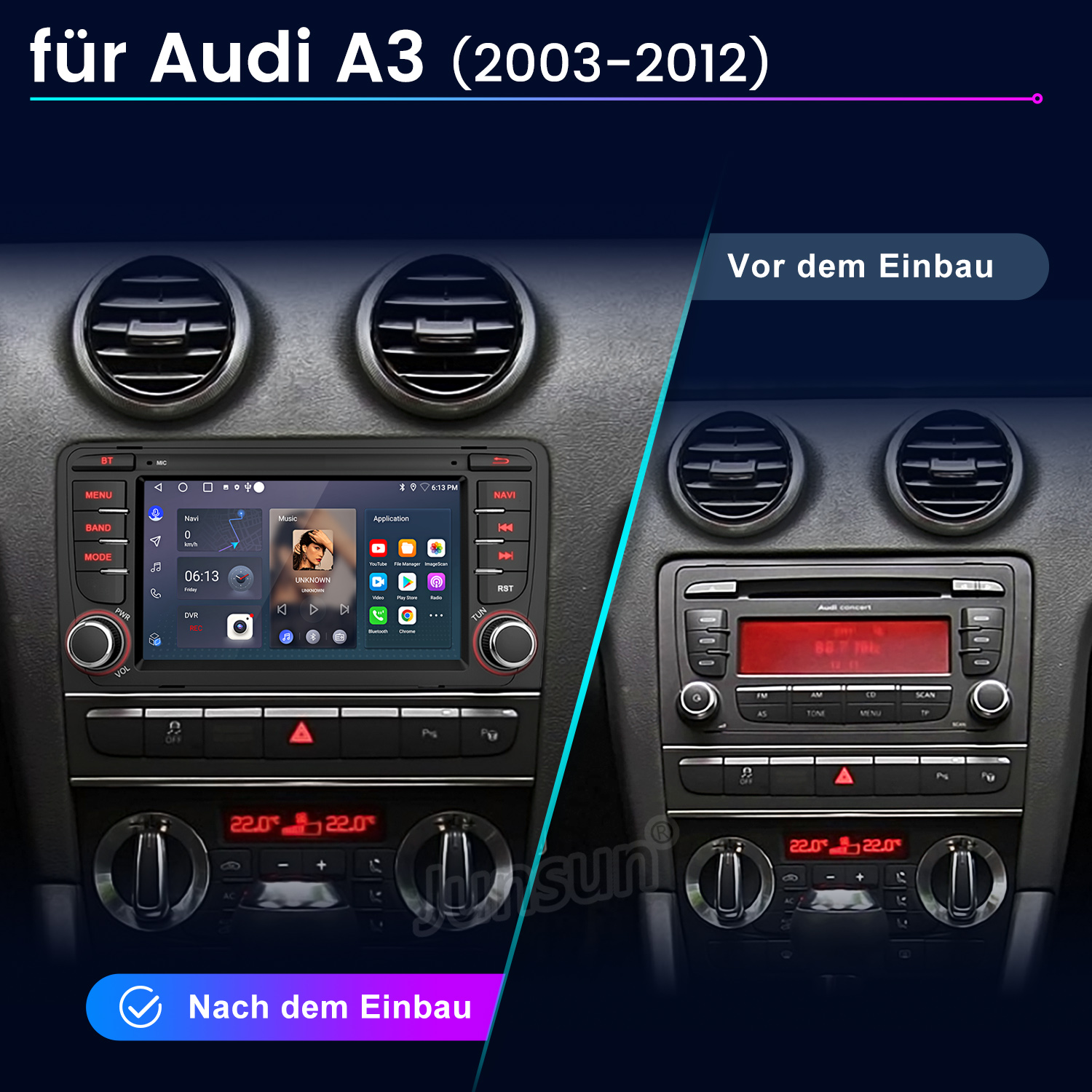 Vorher und Nachher Vergleich eines Audi A3 Infotainmentsystems.