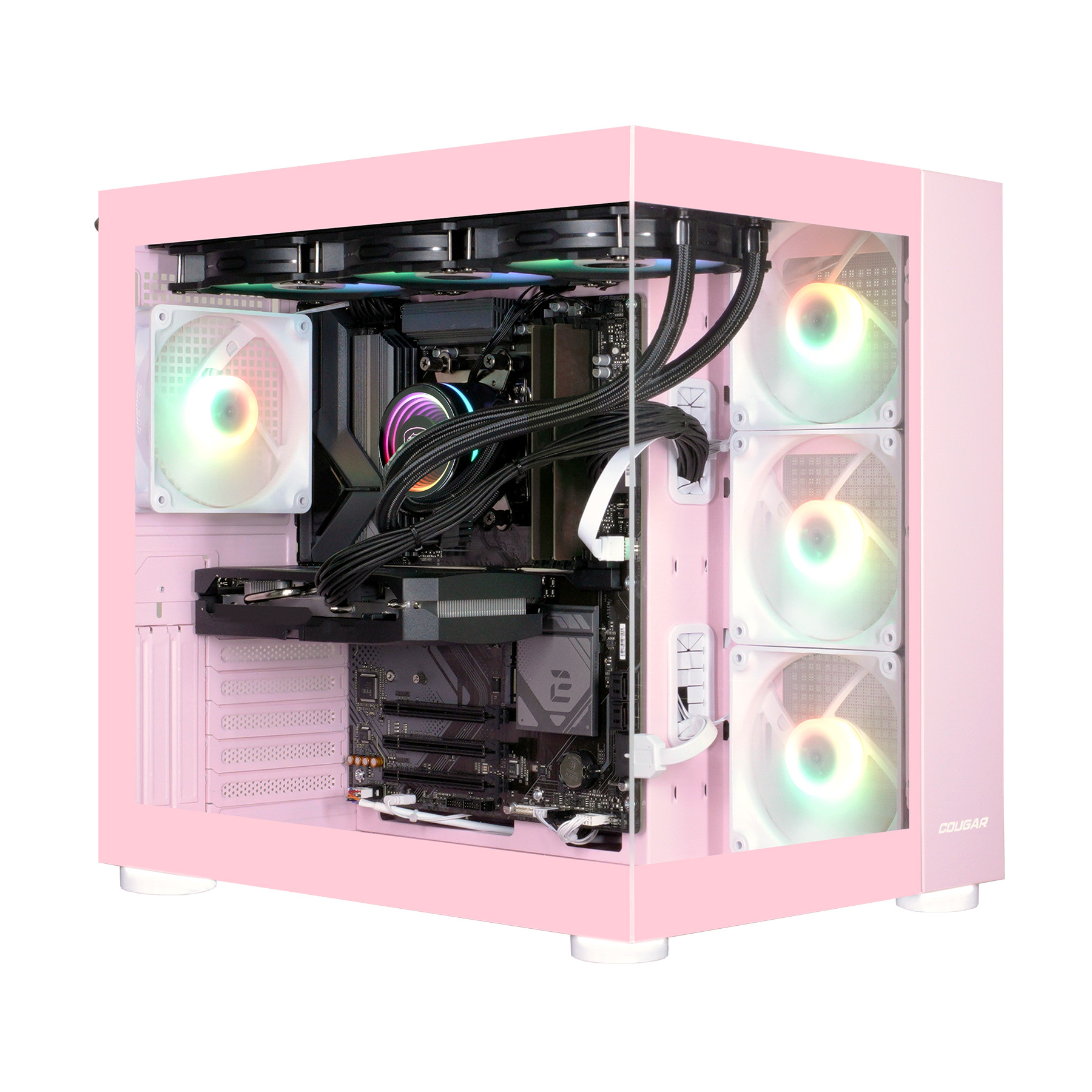 Ein rosa PC-Gehäuse mit RGB-Lüftern, Motherboard, GPU und Wasserkühlung.