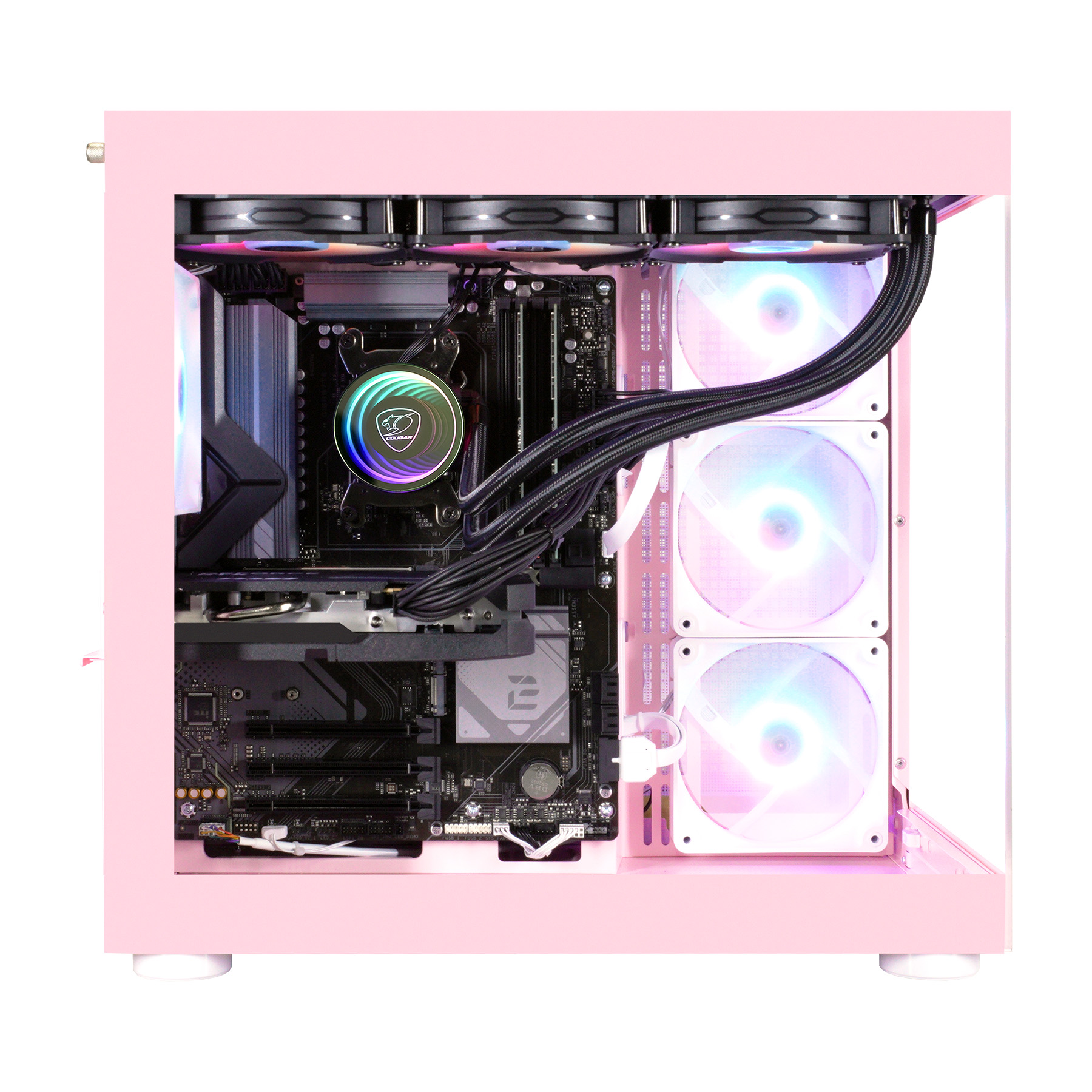 Pinkes Computergehäuse mit internen Komponenten, Lüftern und Motherboard.