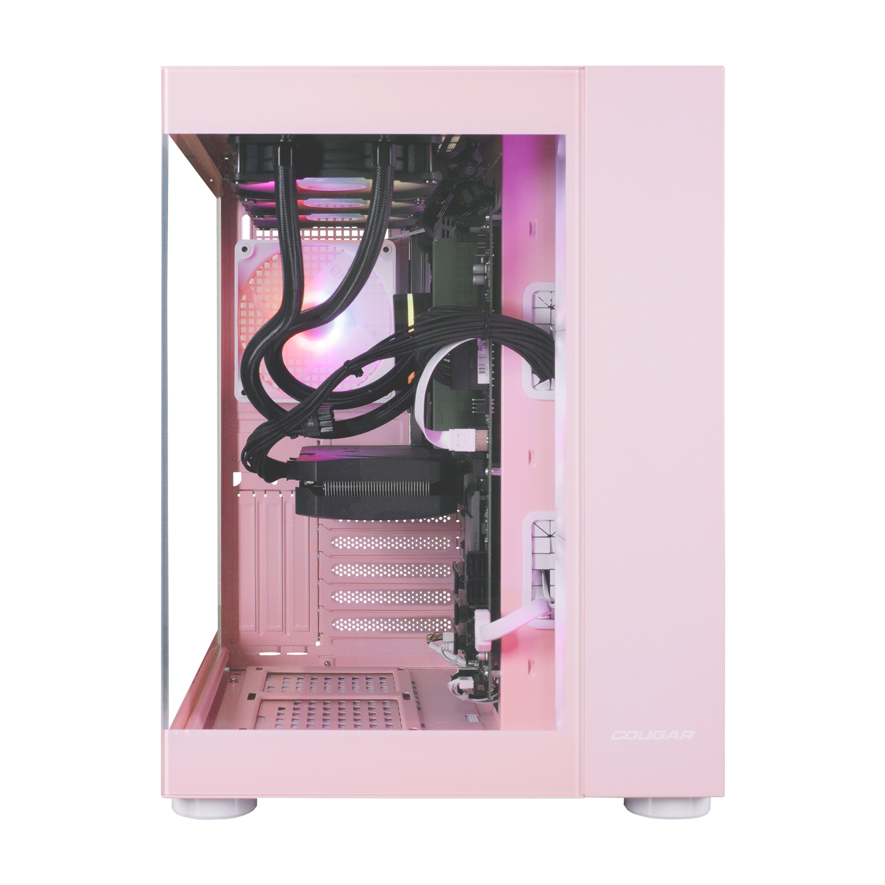 Rosa Computergehäuse mit Glasseite, das interne Komponenten und RGB-Beleuchtung zeigt.