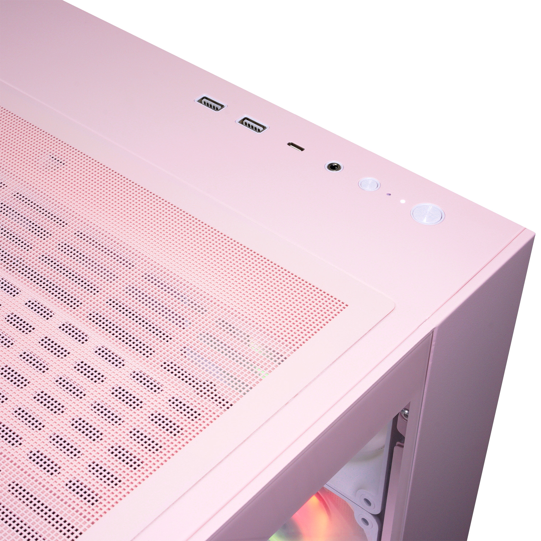 Ein rosafarbener Computergehäuse-Deckel mit Lüftungsschlitzen und Anschlüssen.