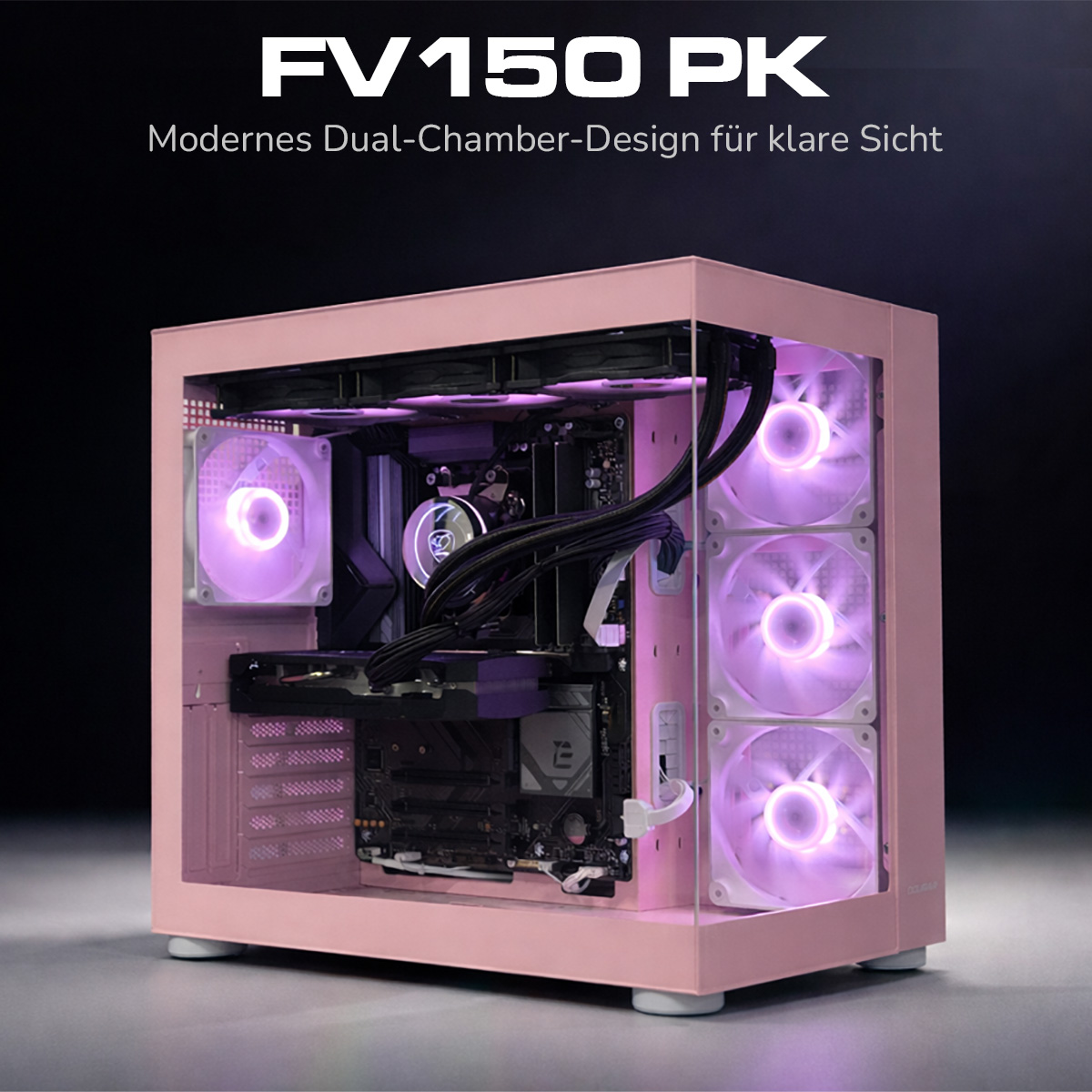 Ein rosa Computergehäuse mit Glasfront und Lichtern.