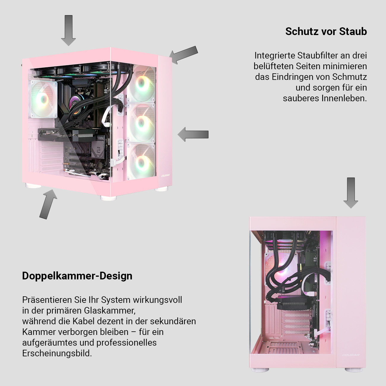 Ein pinker PC-Gehäuse mit Glasfront und RGB-Lüftern. Zeigt Staubschutz und Dual-Kammer-Design.