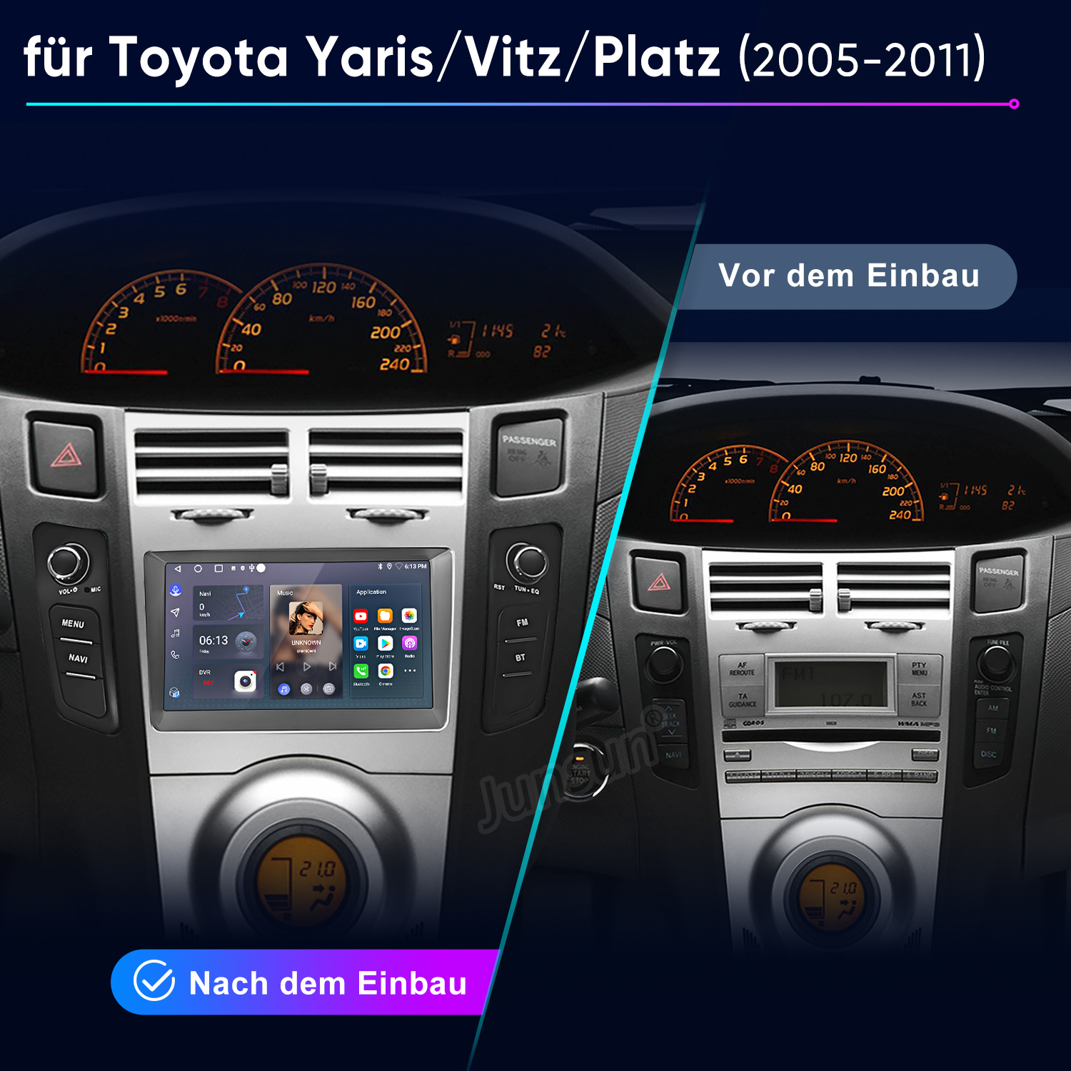 Vorher/Nachher Vergleich eines Toyota Yaris Armaturenbretts mit neuem Infotainmentsystem.