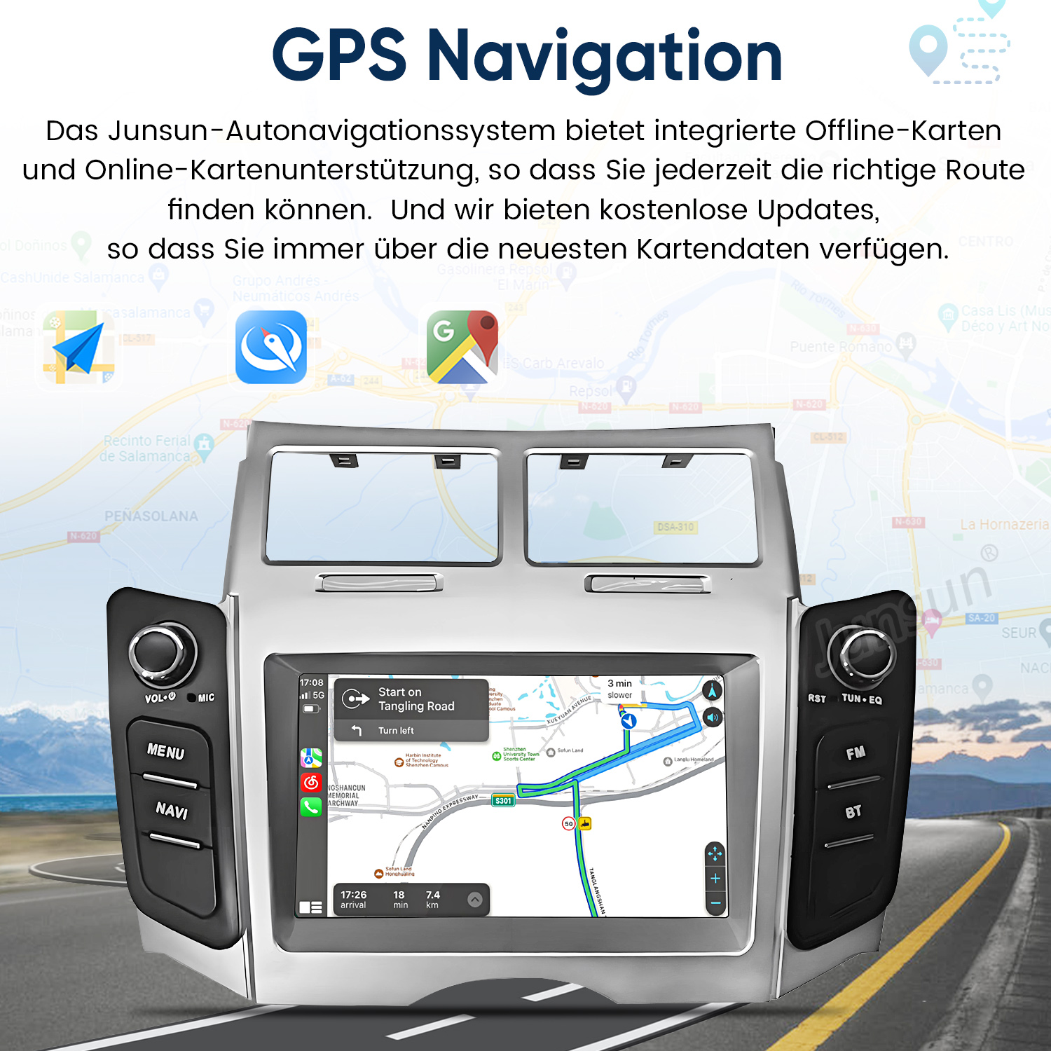 GPS-Navigationssystem mit Karten und Routenführung auf dem Armaturenbrett eines Autos.