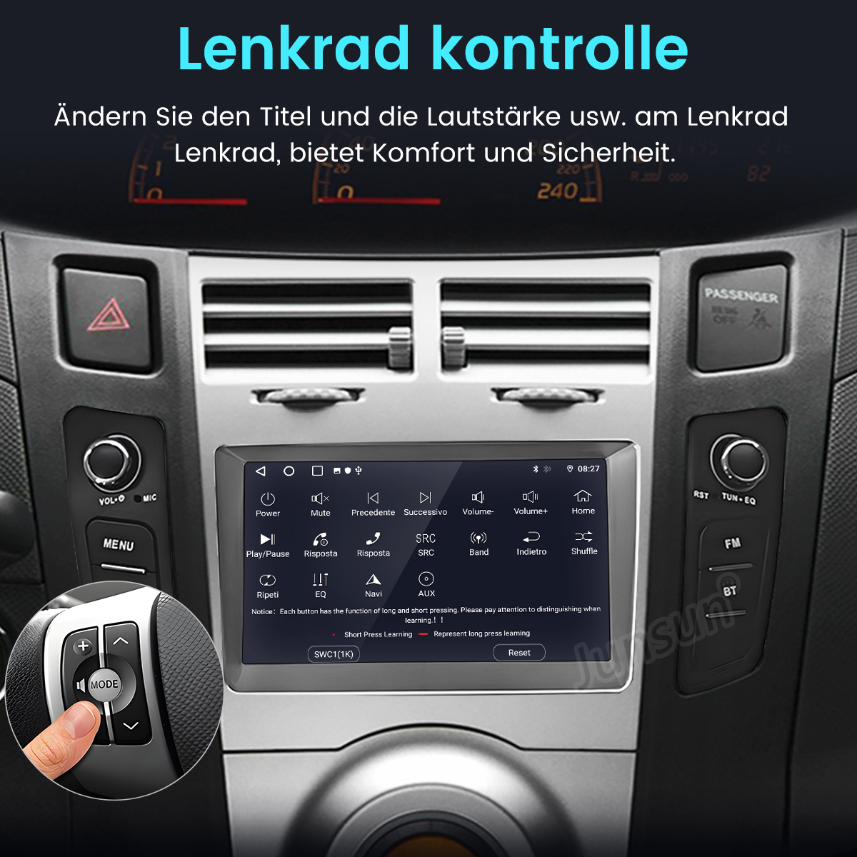 Autoinnenraum mit Infotainment-Display und Lenkradbedienelementen.