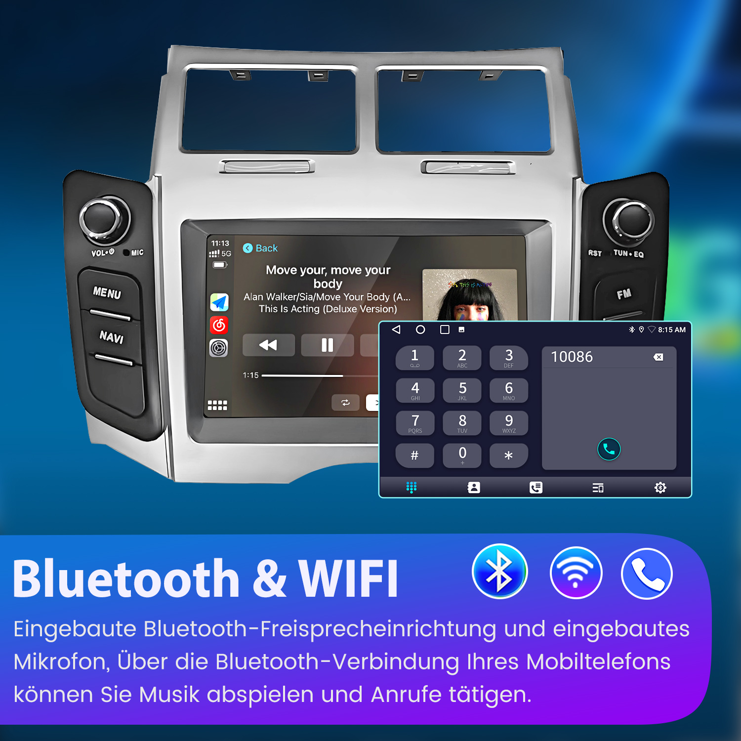 Ein Autoradio mit Touchscreen zeigt Musik und Telefon. Bluetooth & WIFI.