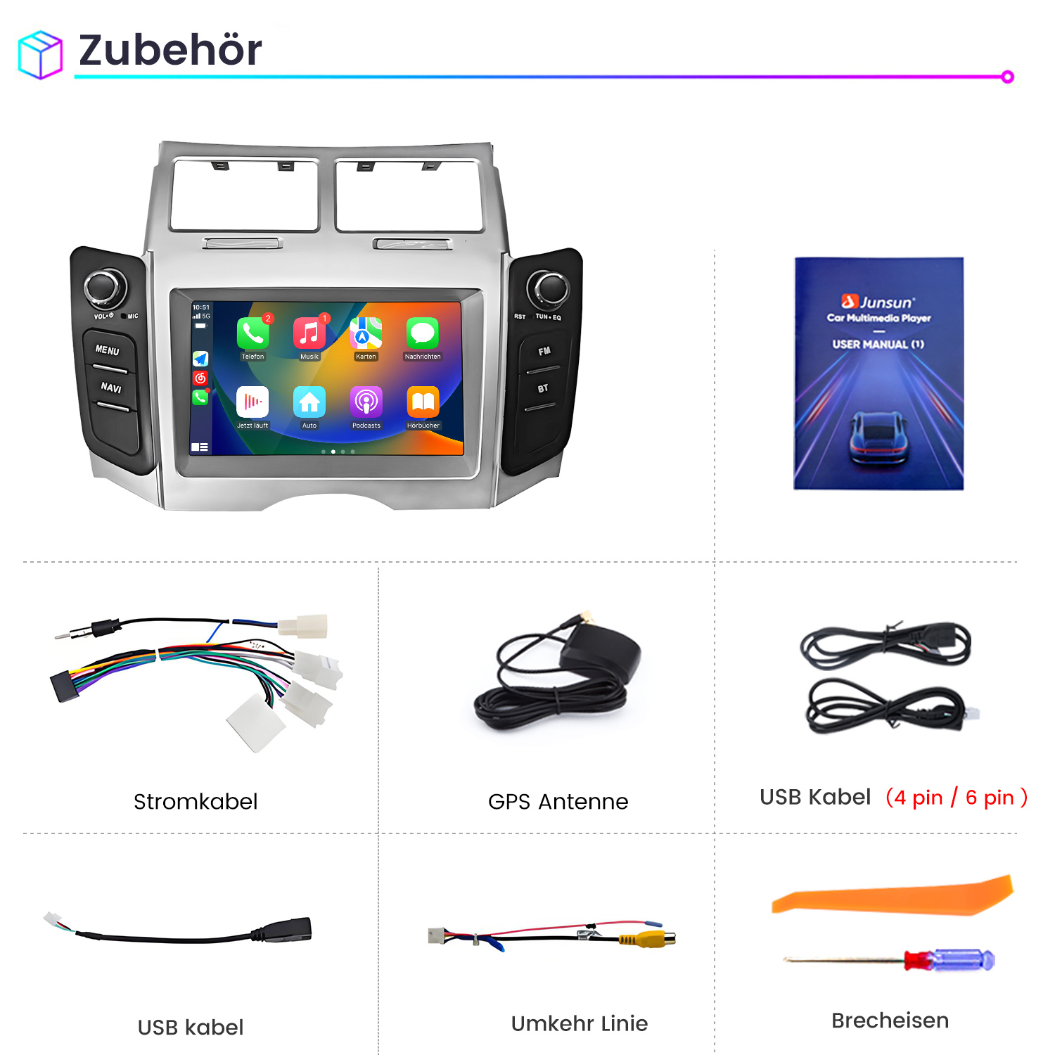 Ein Autoradio mit Touchscreen und Zubehörteilen wie Kabeln und Werkzeug.