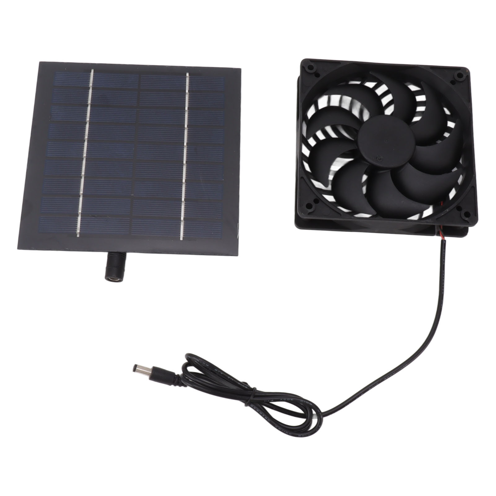 Ein Solarpanel und ein schwarzer Lüfter mit Kabeln auf weißem Hintergrund.