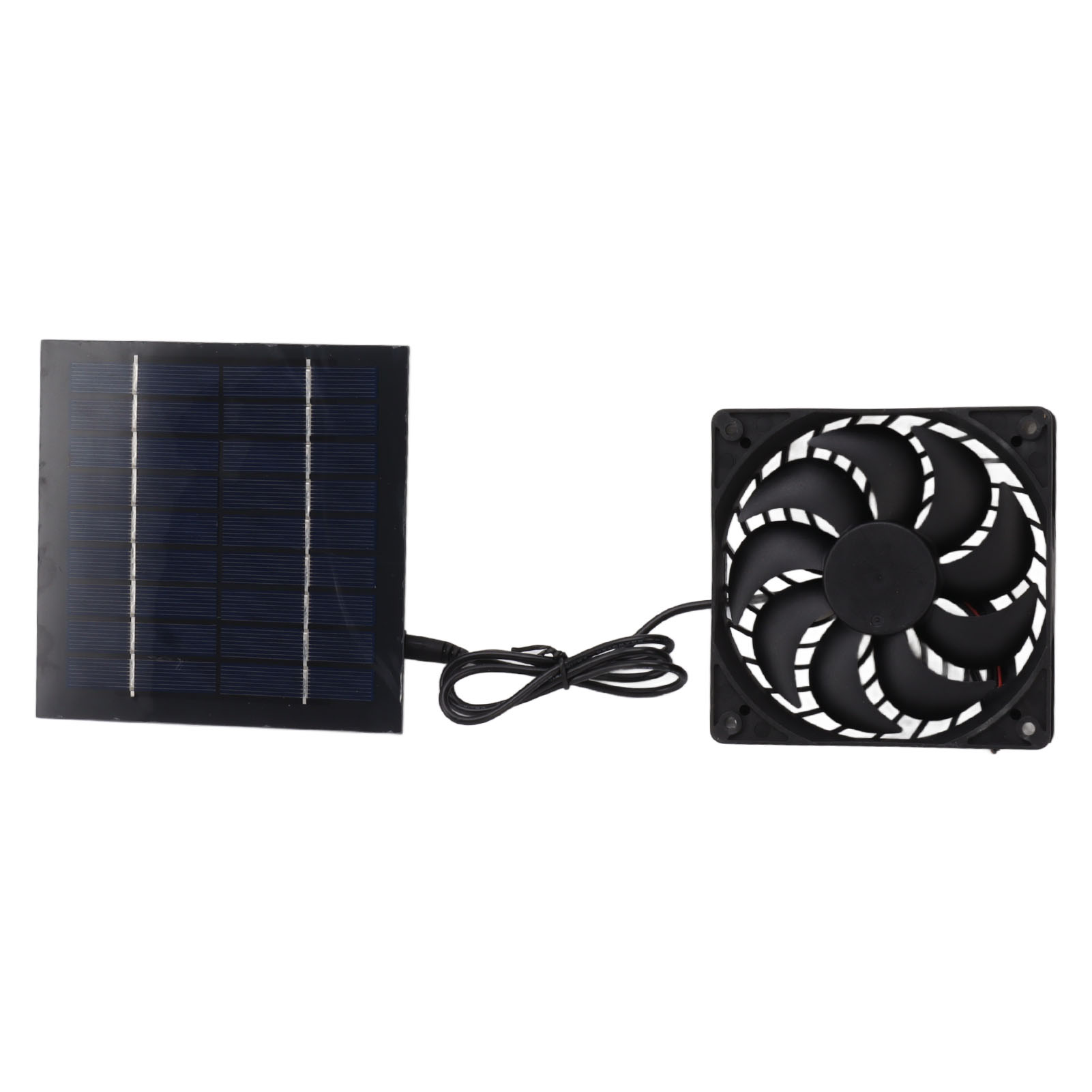 Ein Solarpanel verbunden mit einem schwarzen Lüfter mit weißen Akzenten auf den Rotorblättern.