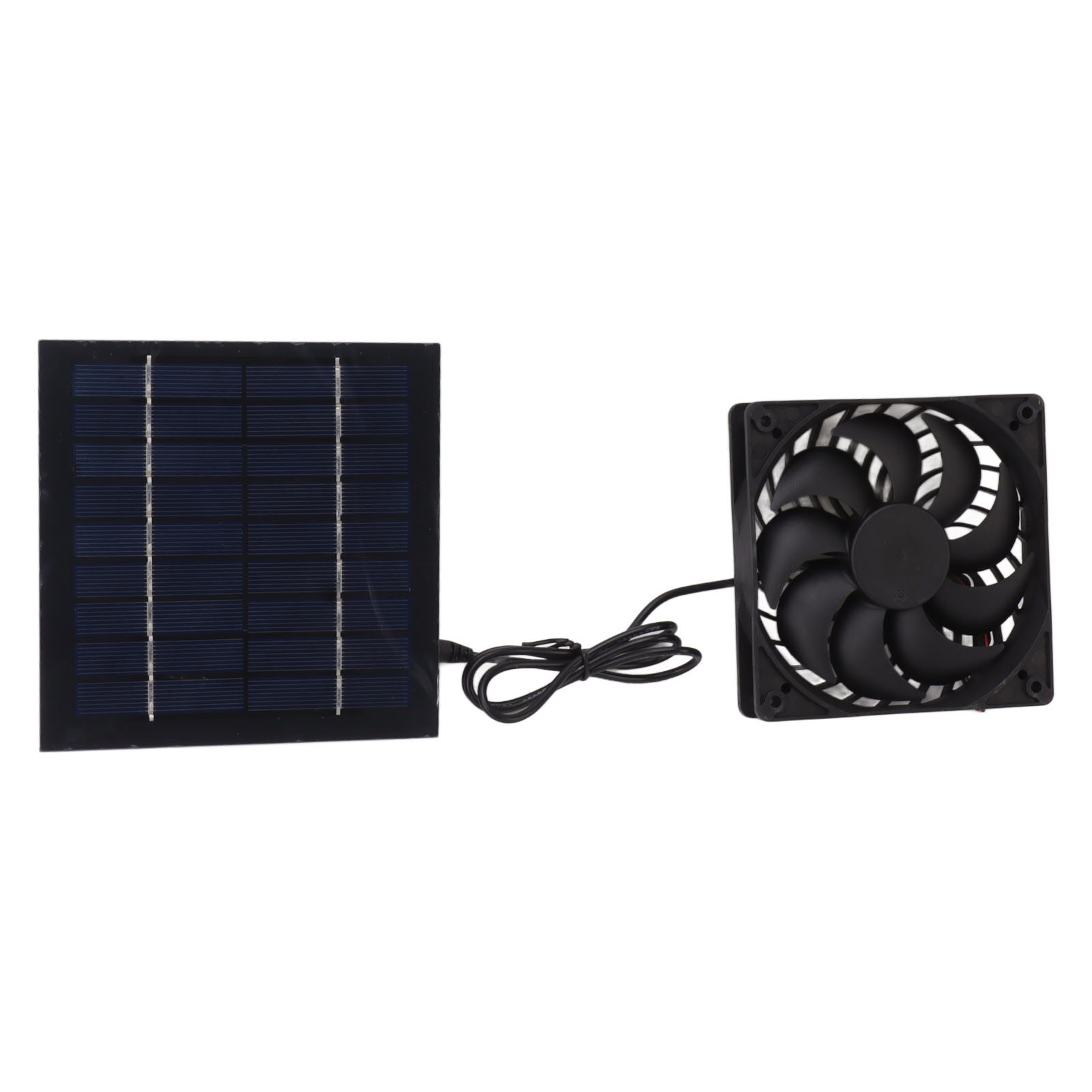 Ein schwarzer Lüfter ist über ein Kabel mit einem kleinen Solarpanel verbunden.
