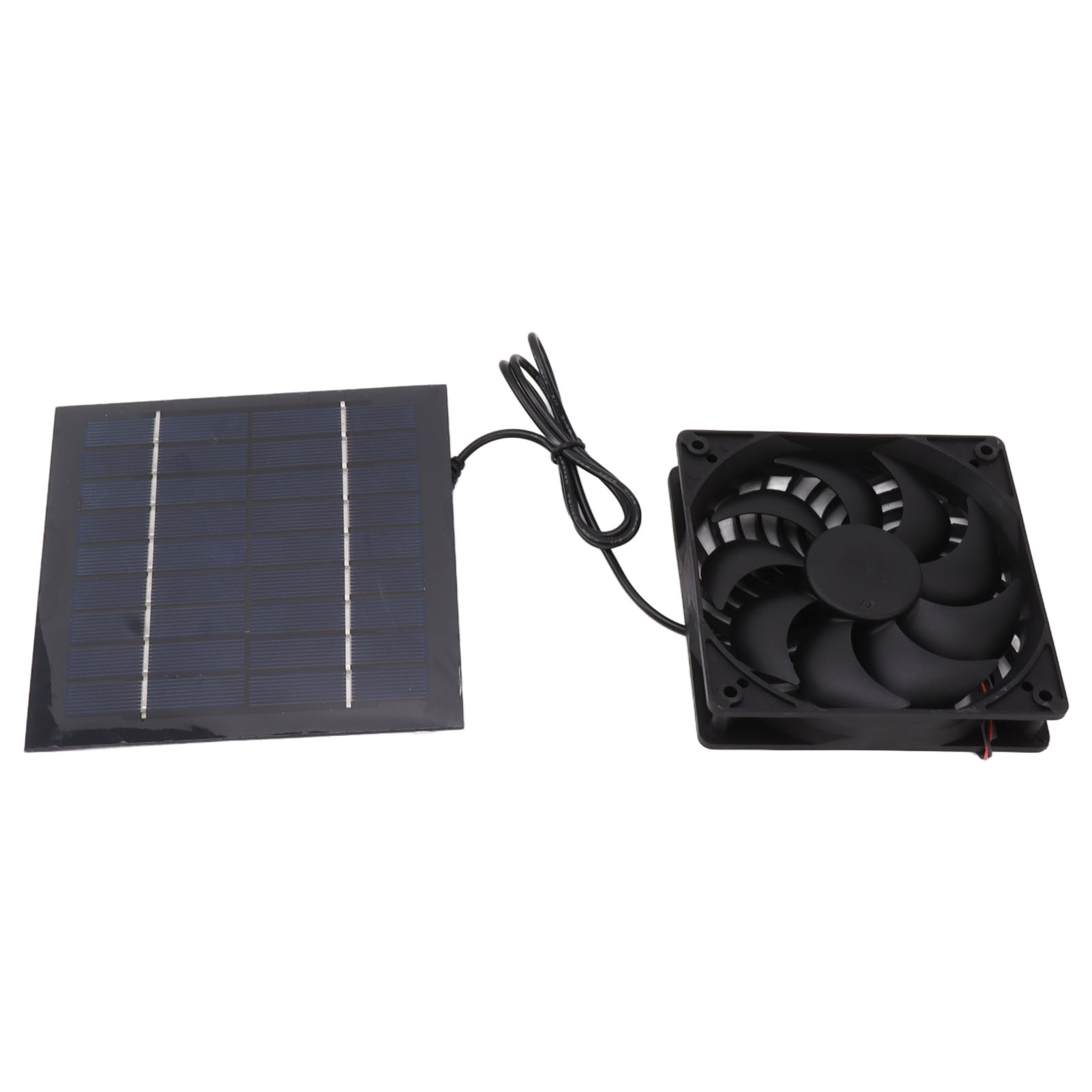 Ein schwarzer Lüfter und ein kleines Solarpanel sind durch ein Kabel verbunden.