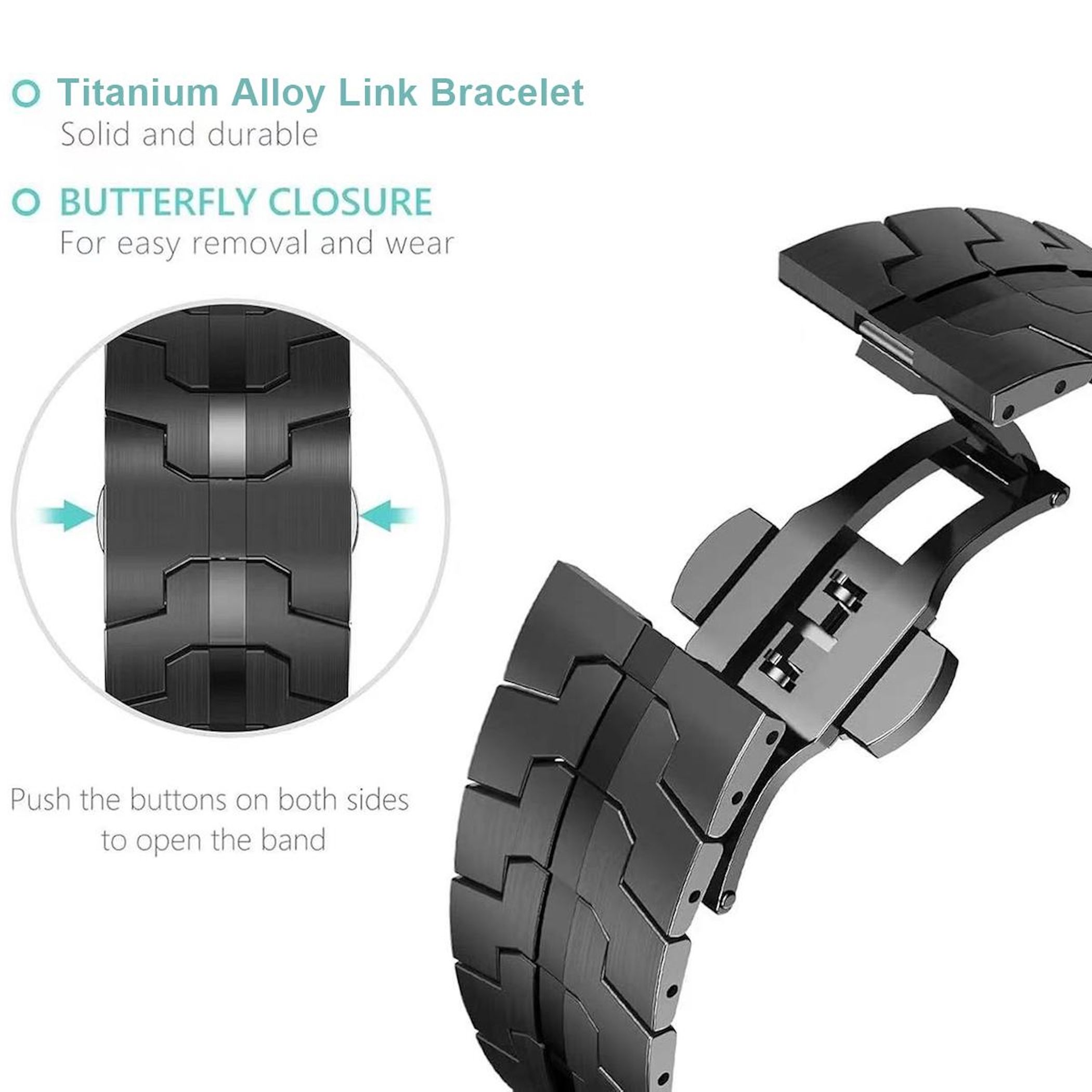 Schwarzes Titanarmband mit Schmetterlingsverschluss, das auf Knopfdruck zu öffnen ist.