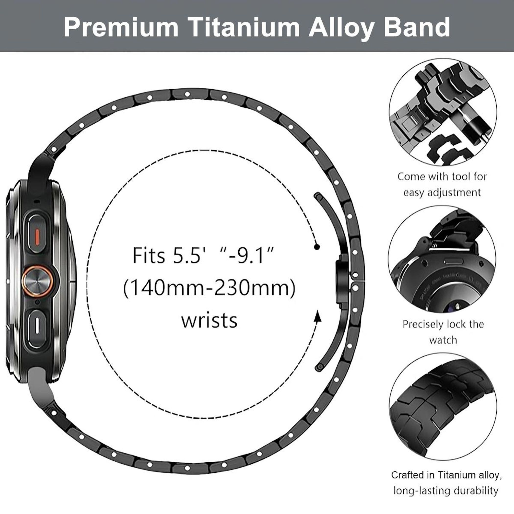 Smartwatch mit Titanarmband, passt für 5,5-9,1 Zoll Handgelenke. Werkzeug.
