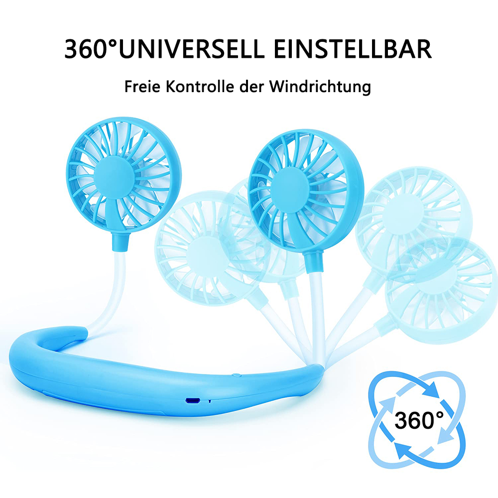 Ein blauer Nackenfächer mit mehreren Lüfterblättern, 360 Grad verstellbar.