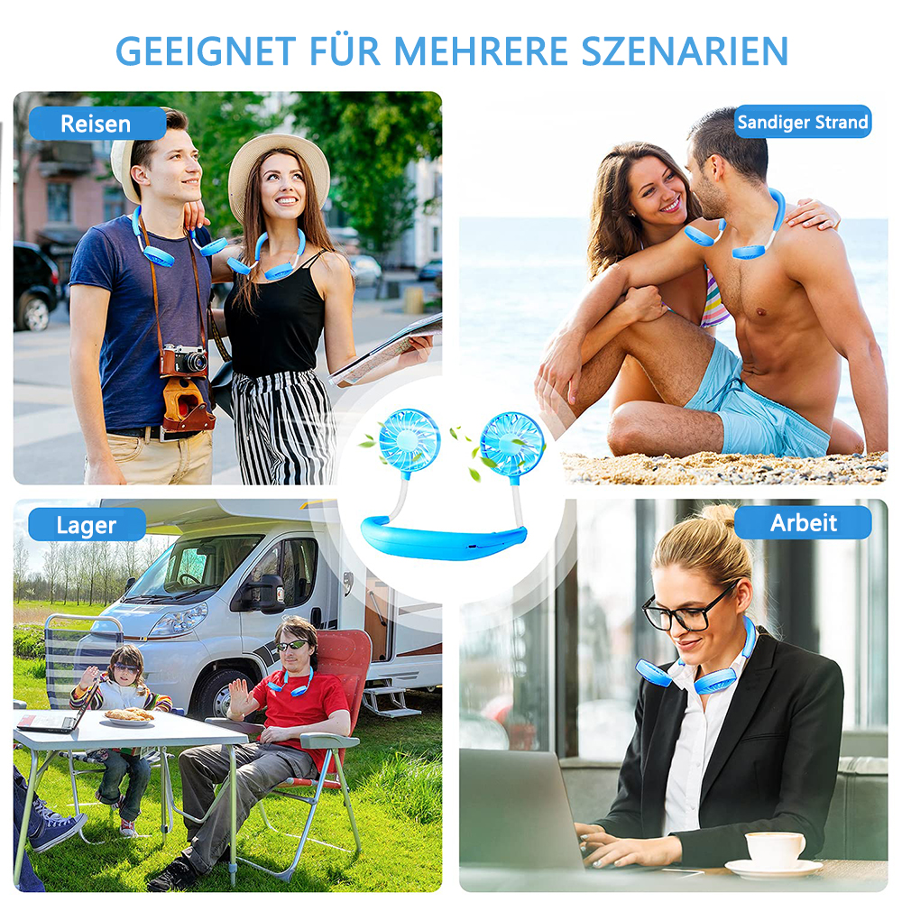 Vier Szenen: Reisen, Strand, Camping und Arbeit mit Nackenventilator.