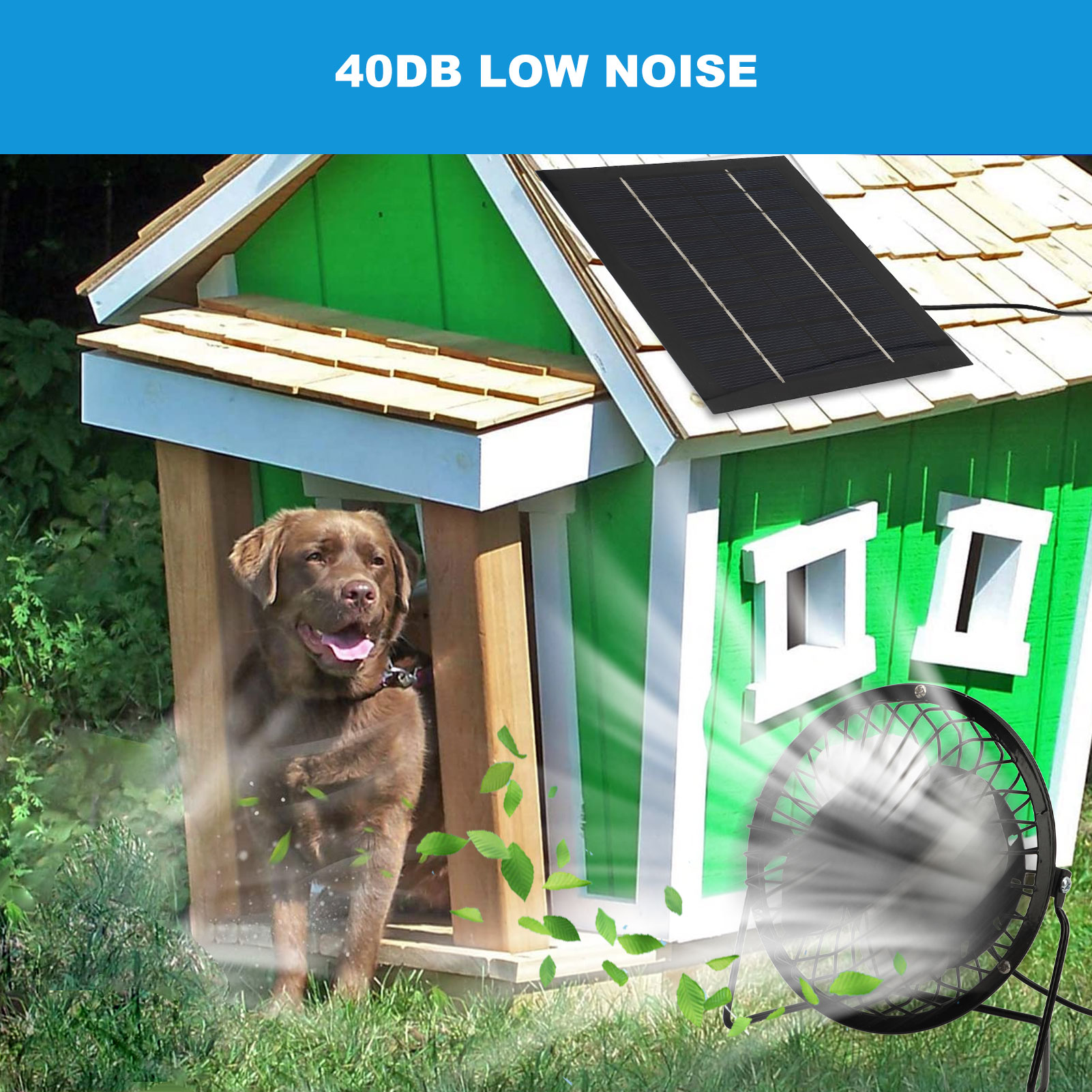 Ein brauner Hund steht in einer grünen Hundehütte mit einem Solarpanel auf dem Dach.
