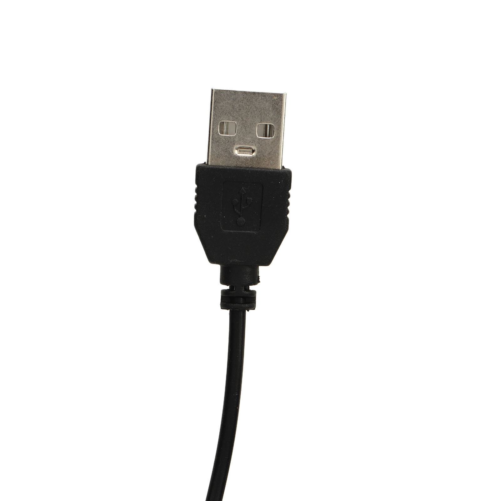 Nahaufnahme eines schwarzen USB-Kabels mit silbernem Stecker auf weißem Hintergrund.