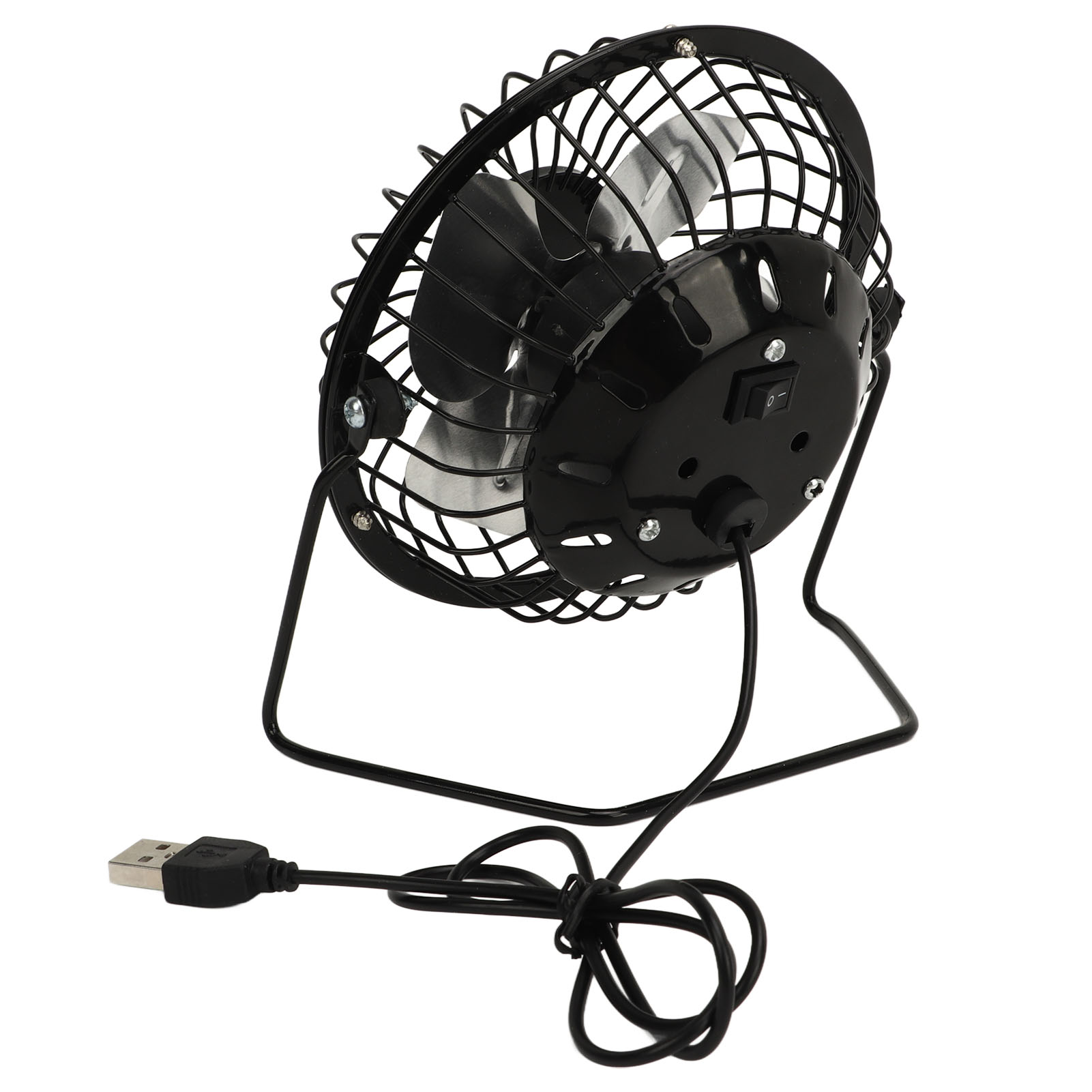 Ein kleiner schwarzer USB-Tischventilator mit Metallgitter und Metallblättern.