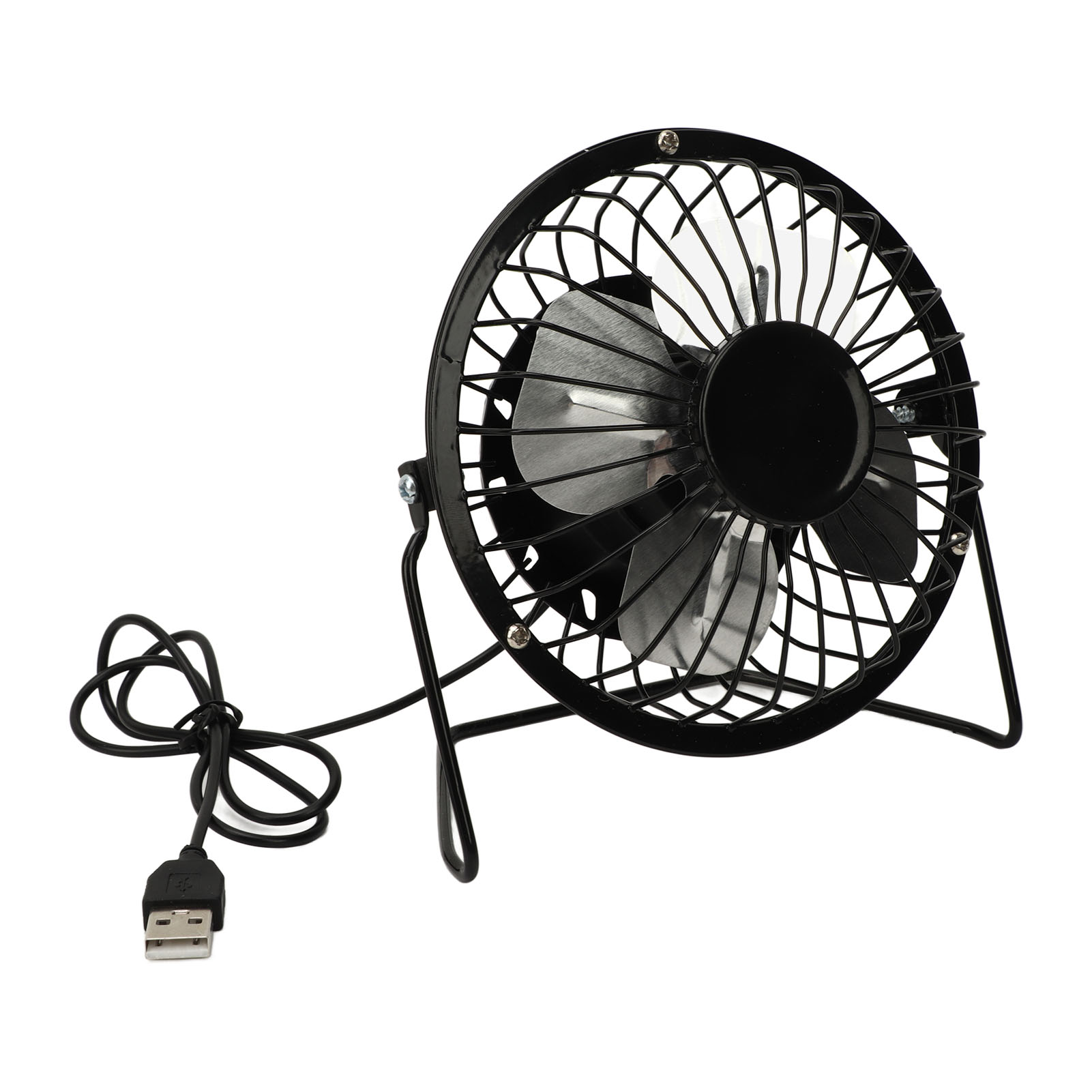 Ein kleiner schwarzer USB-Ventilator mit Metallgitter und silbernen Flügeln auf einem Ständer.