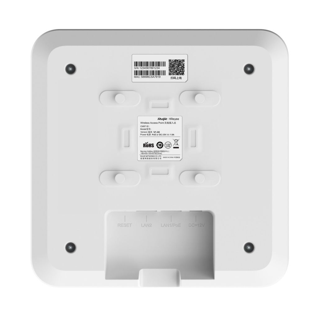 Retro di un access point wireless bianco con porte ed etichette.