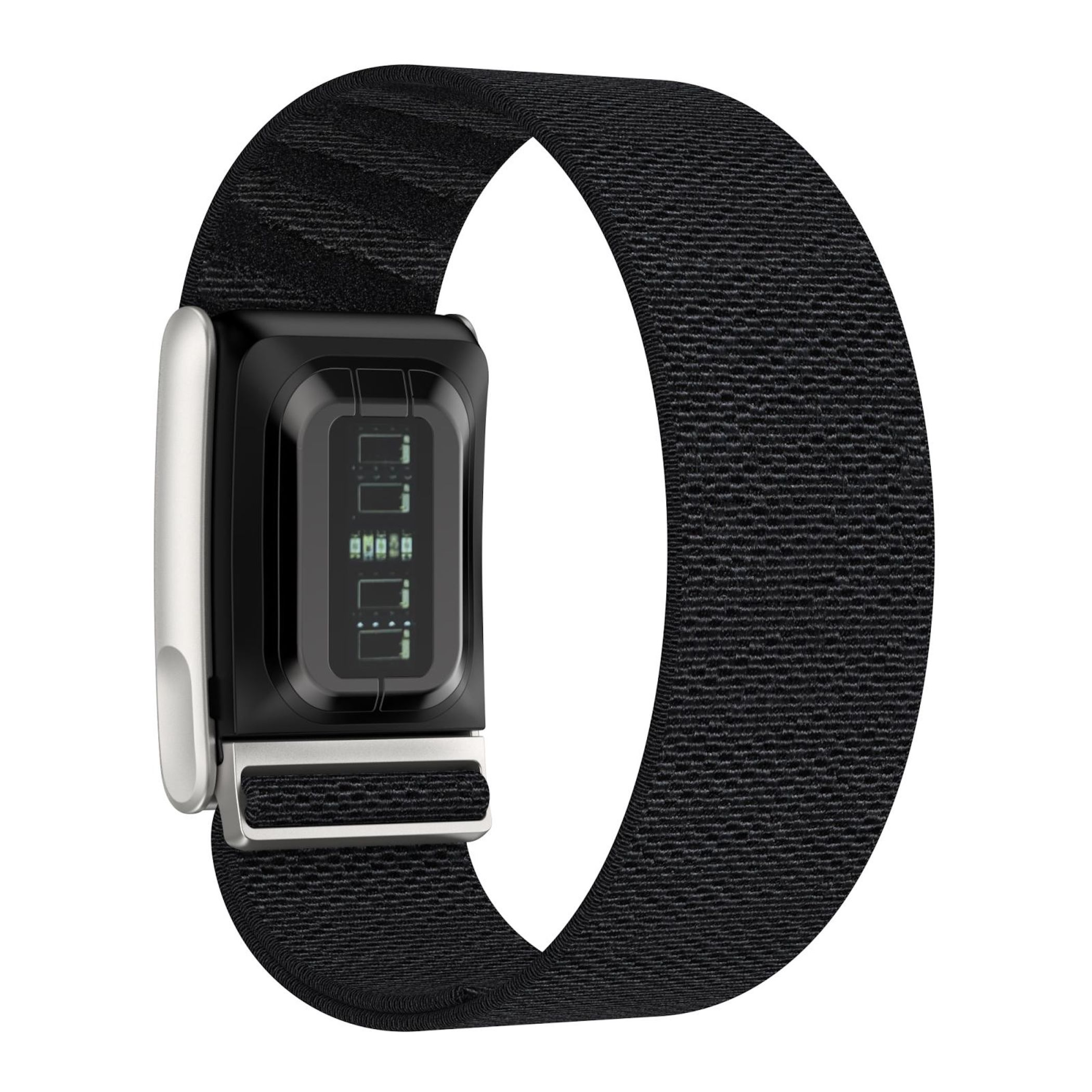 Ein schwarzes Fitnessarmband mit silbernem Gehäuse und digitaler Anzeige.
