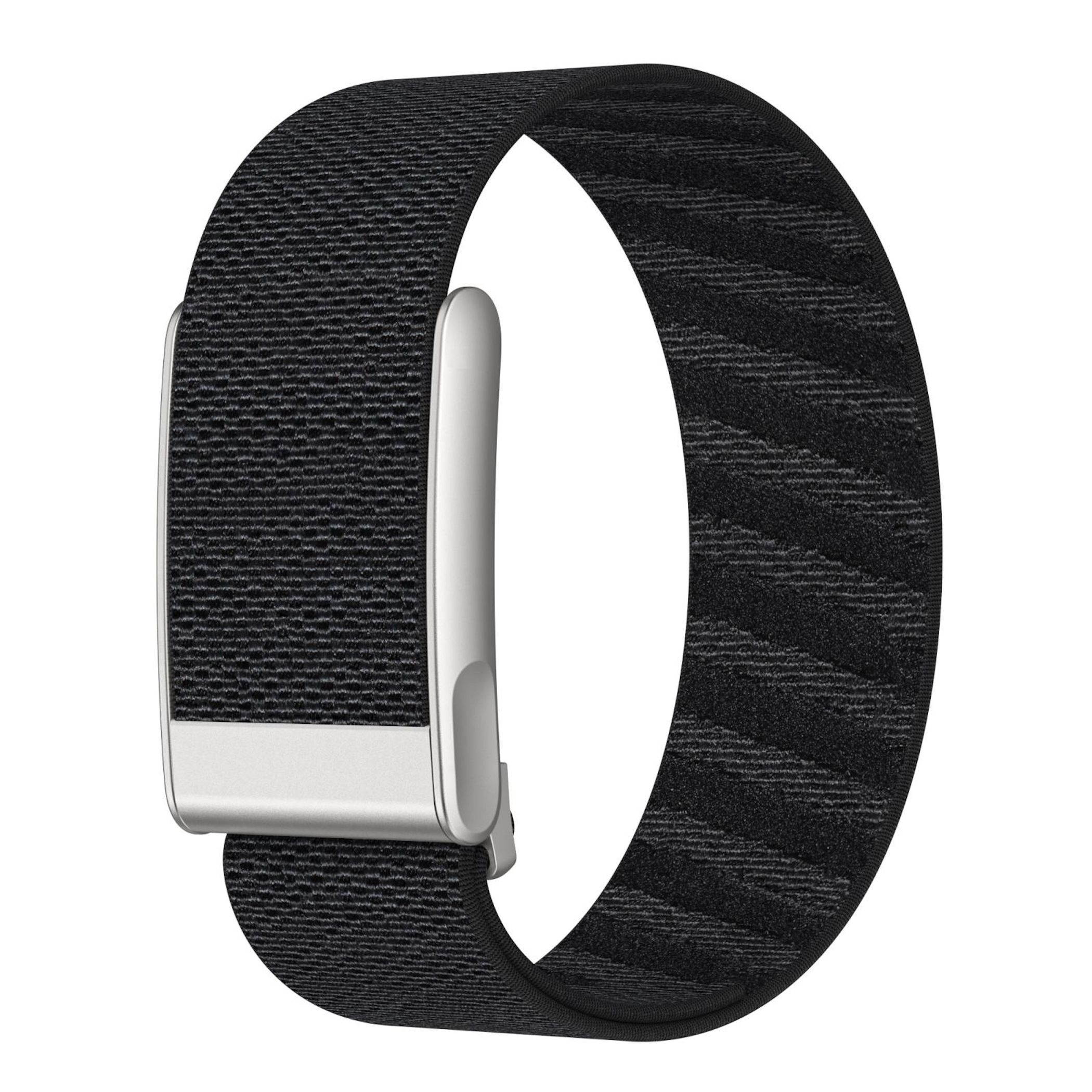Ein schwarzes Stoffarmband mit silberner Schnalle auf weißem Hintergrund.