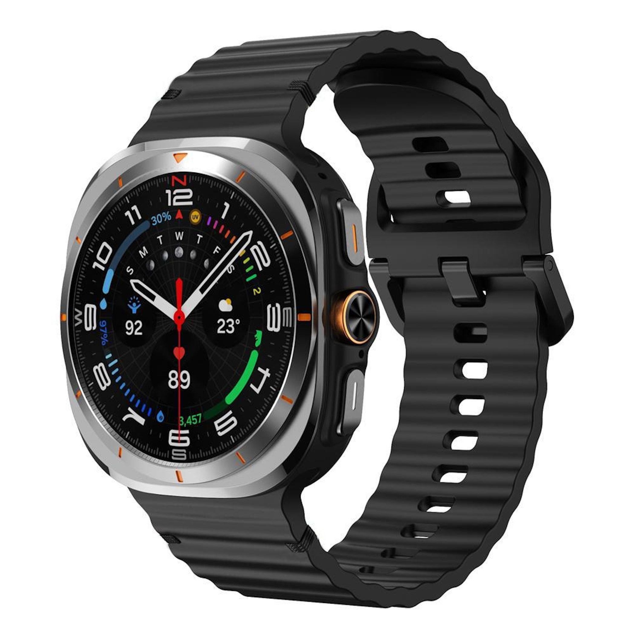 Display di smartwatch nero che mostra ora analogica, meteo, battito cardiaco e altro.