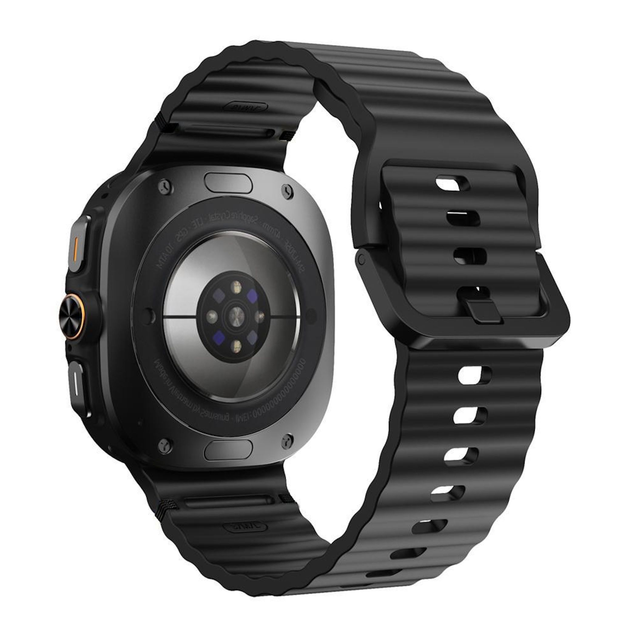 Smartwatch nera con sensore di frequenza cardiaca sul retro e cinturino scanalato.