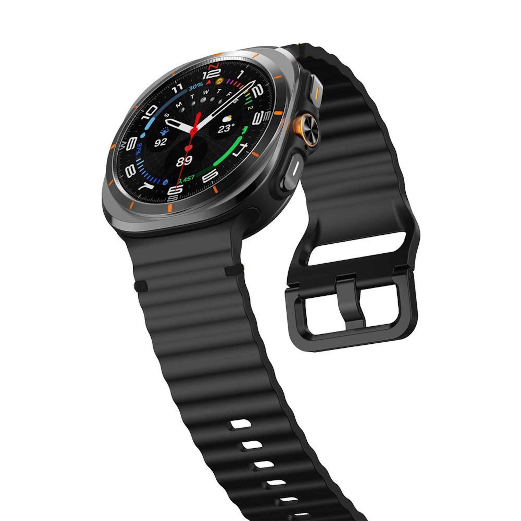 Uno smartwatch nero con quadrante dettagliato e cinturino a costine. Mostra ora, passi e temperatura.