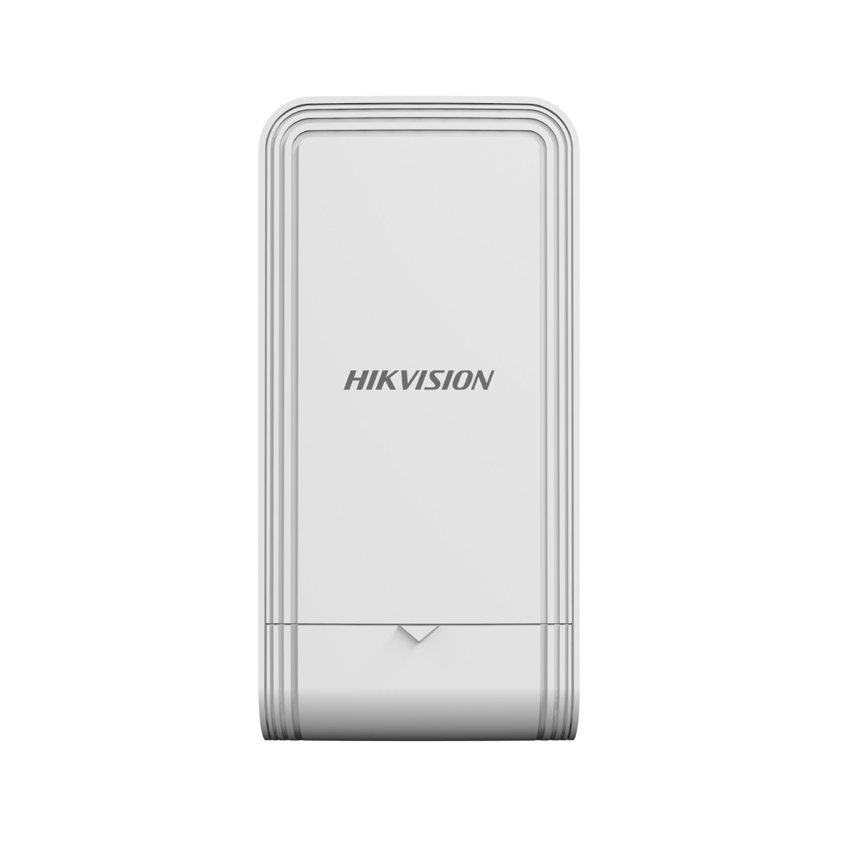 Un dispositivo Hikvision bianco con scanalature verticali e una piccola freccia verso il basso.