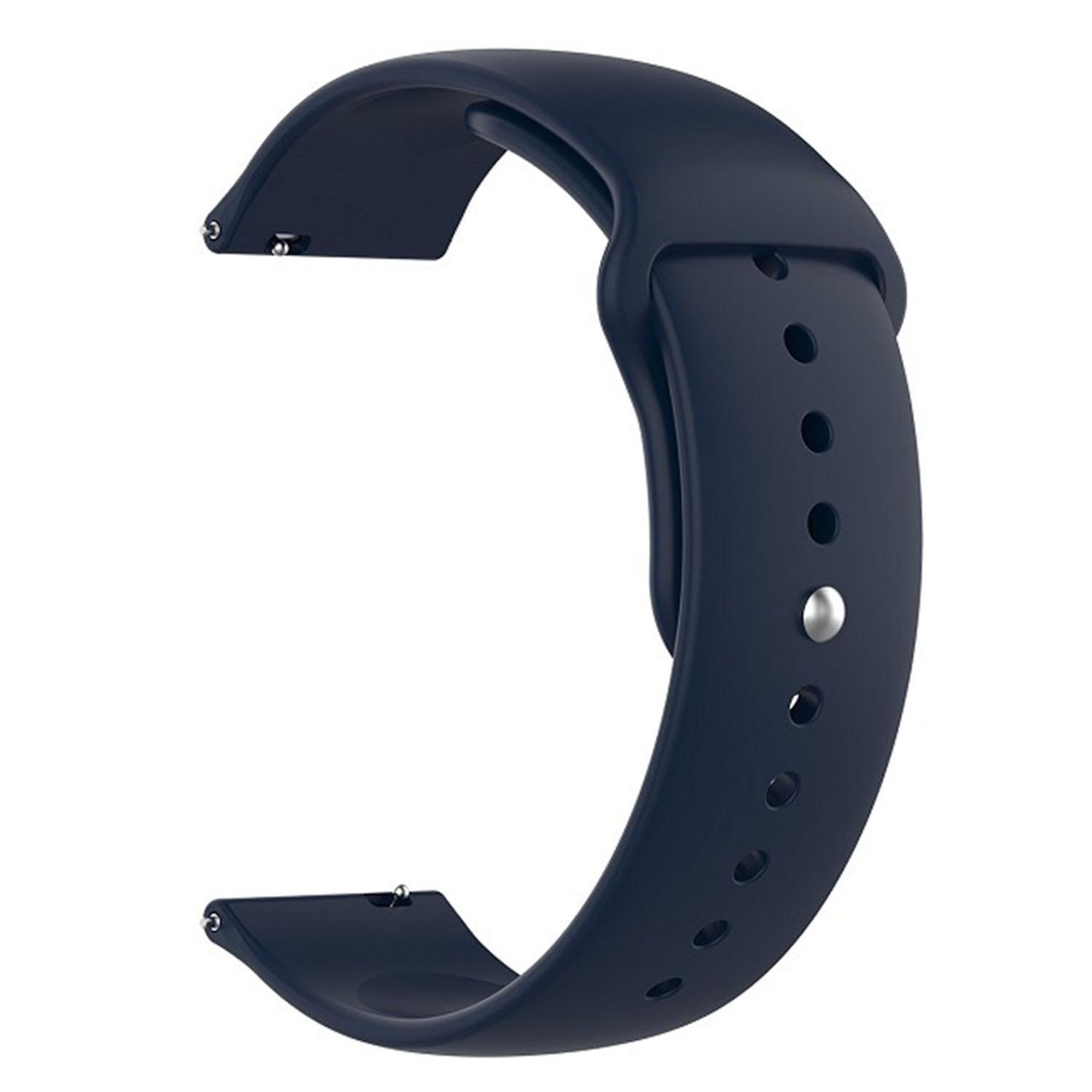 Dunkelblaues Uhrenarmband mit Dornschließe und Löchern.
